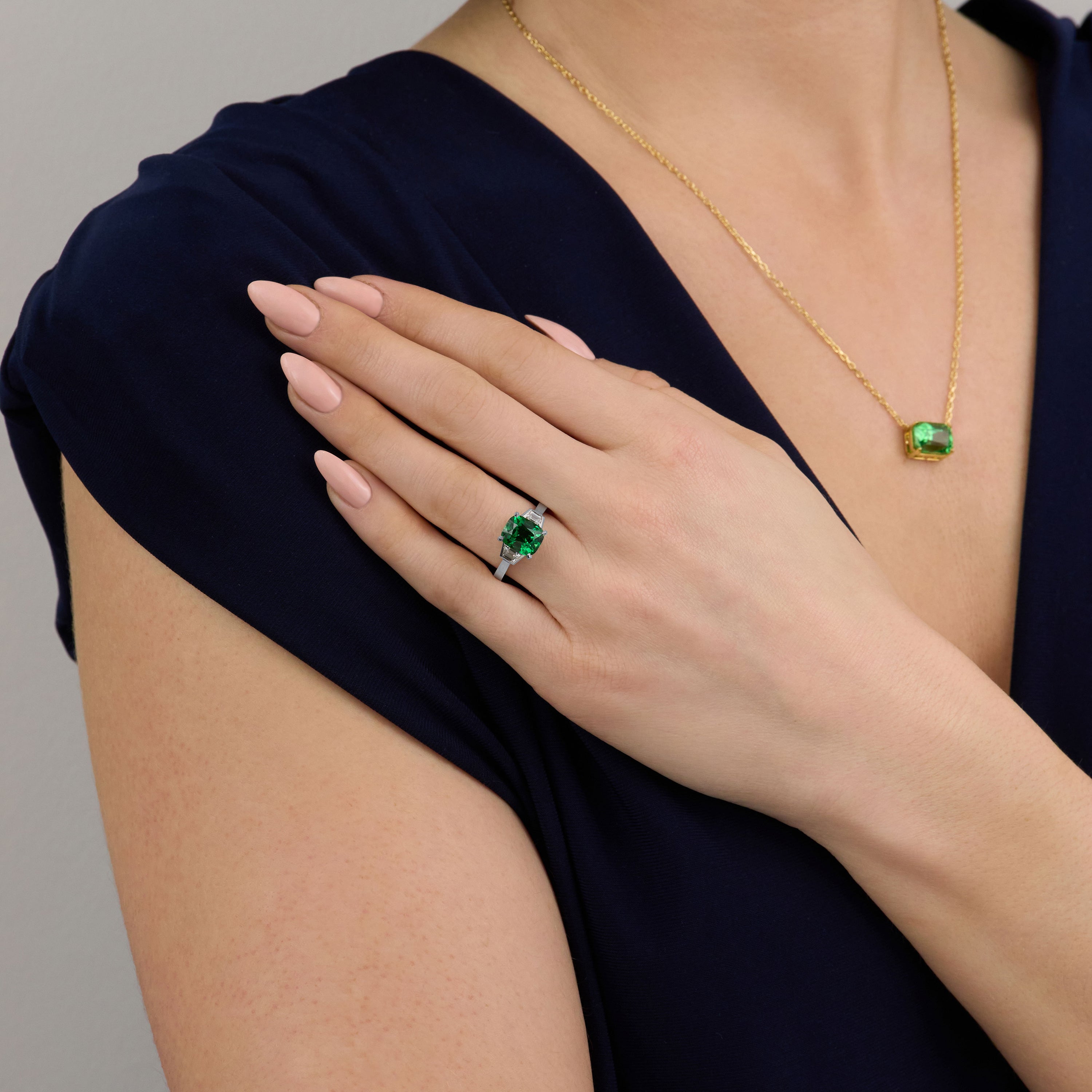 3.31ct Vivid Green Tsavorite and Diamond Three Stone Ring