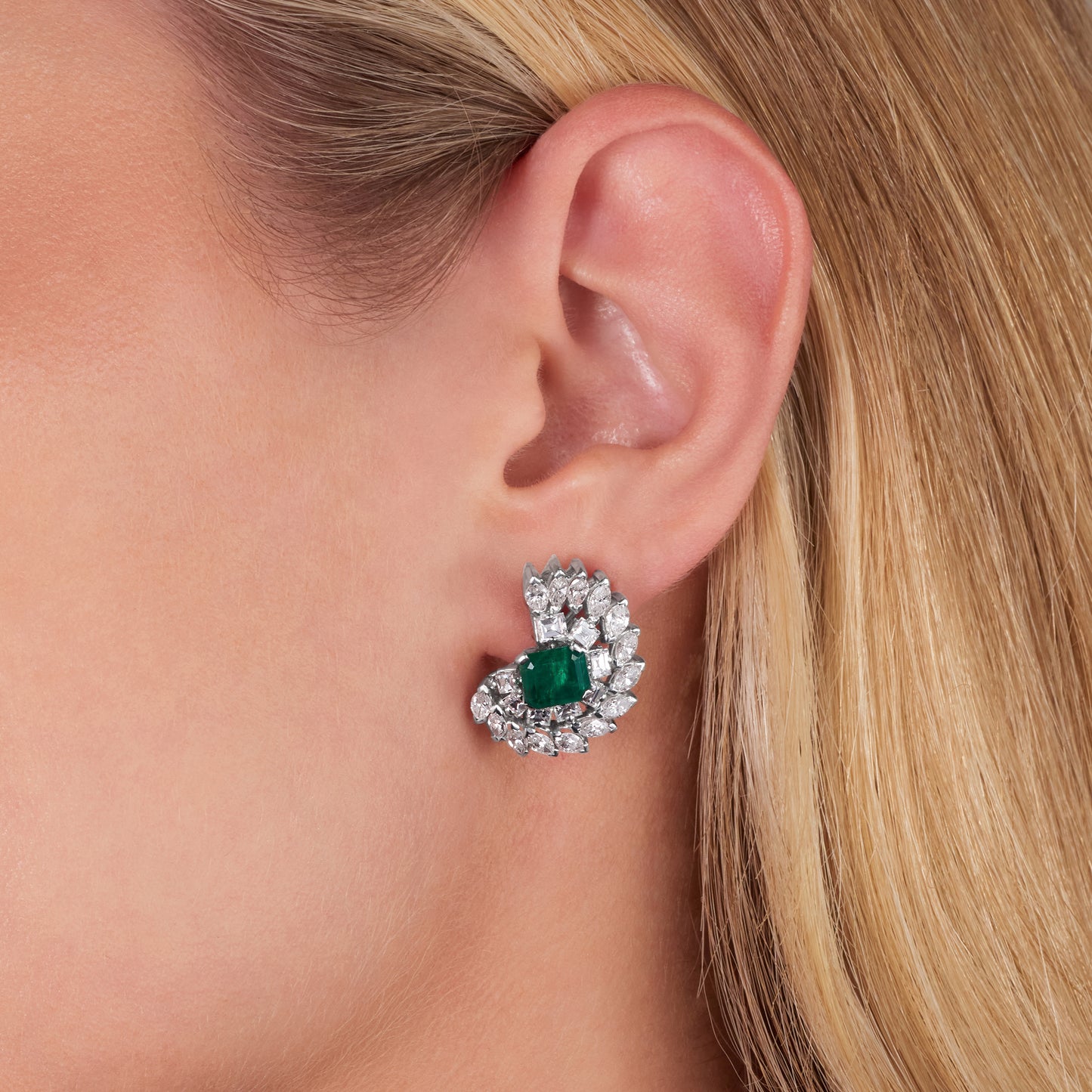 Ammonite Shape Emerald and Diamond Cluster Earrings