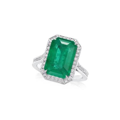 6.02cts Octagon Emerald and Diamond Cluster Ring
