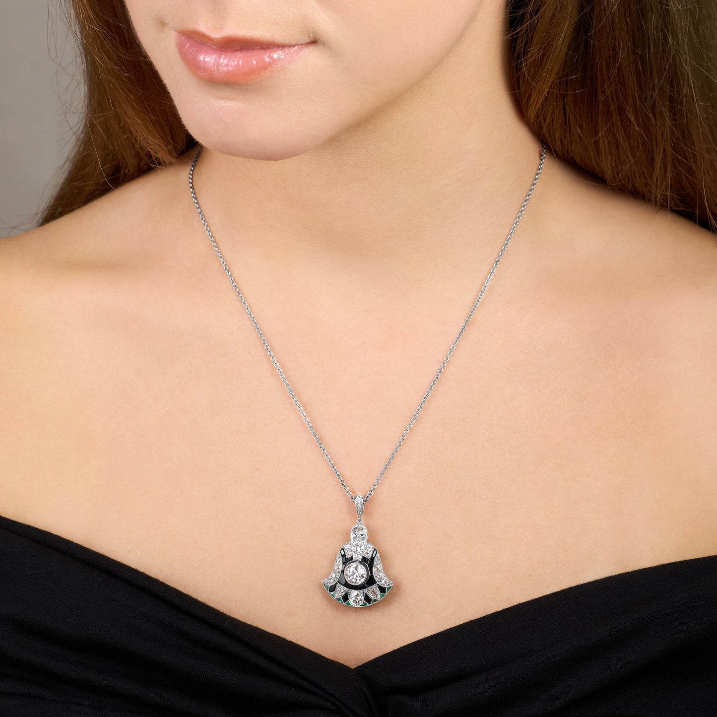 Art Deco Onyx, Emerald and Old-Cut Diamond Pendant
