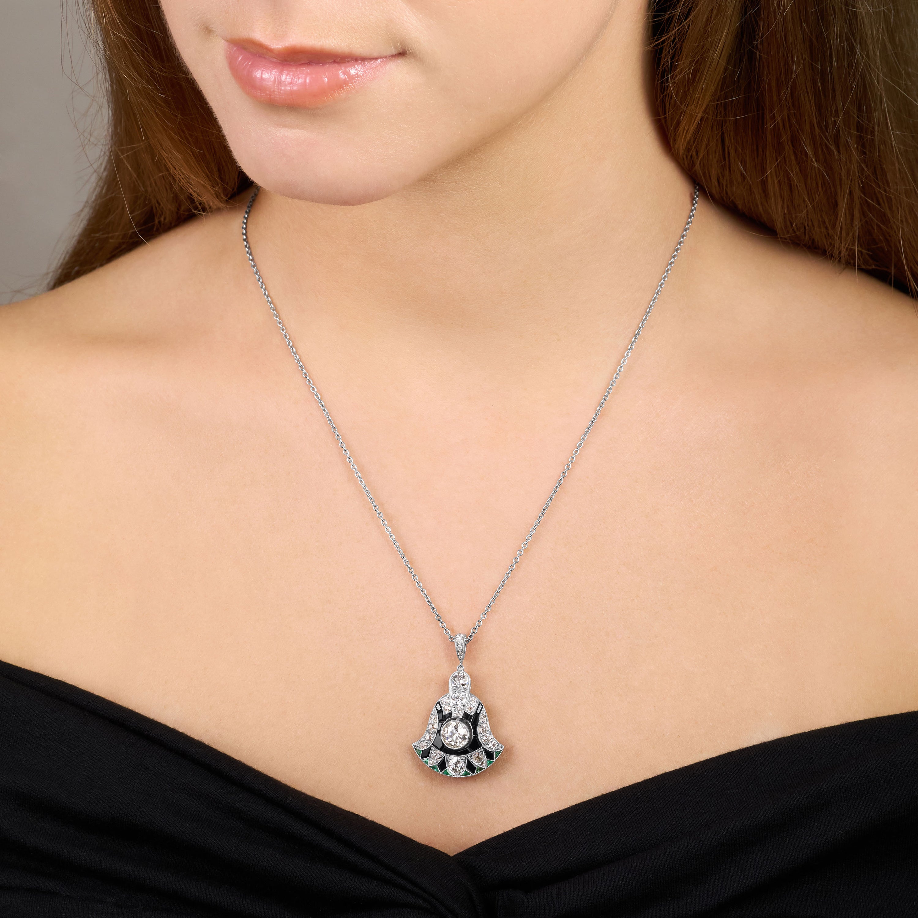 Art Deco Onyx, Emerald and Old-Cut Diamond Pendant