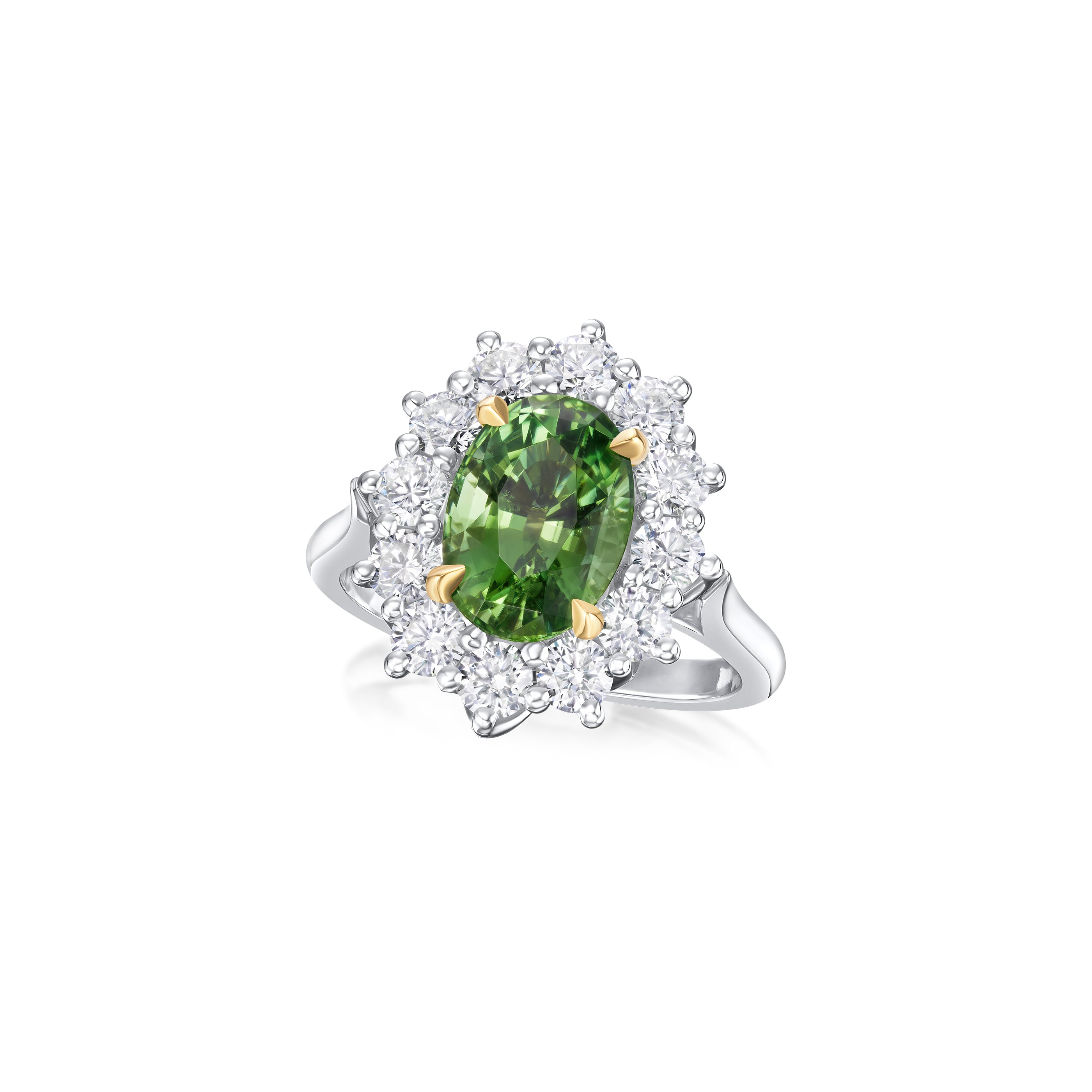 3.03cts Chrome Green Tourmaline and Diamond Cluster Ravello Ring