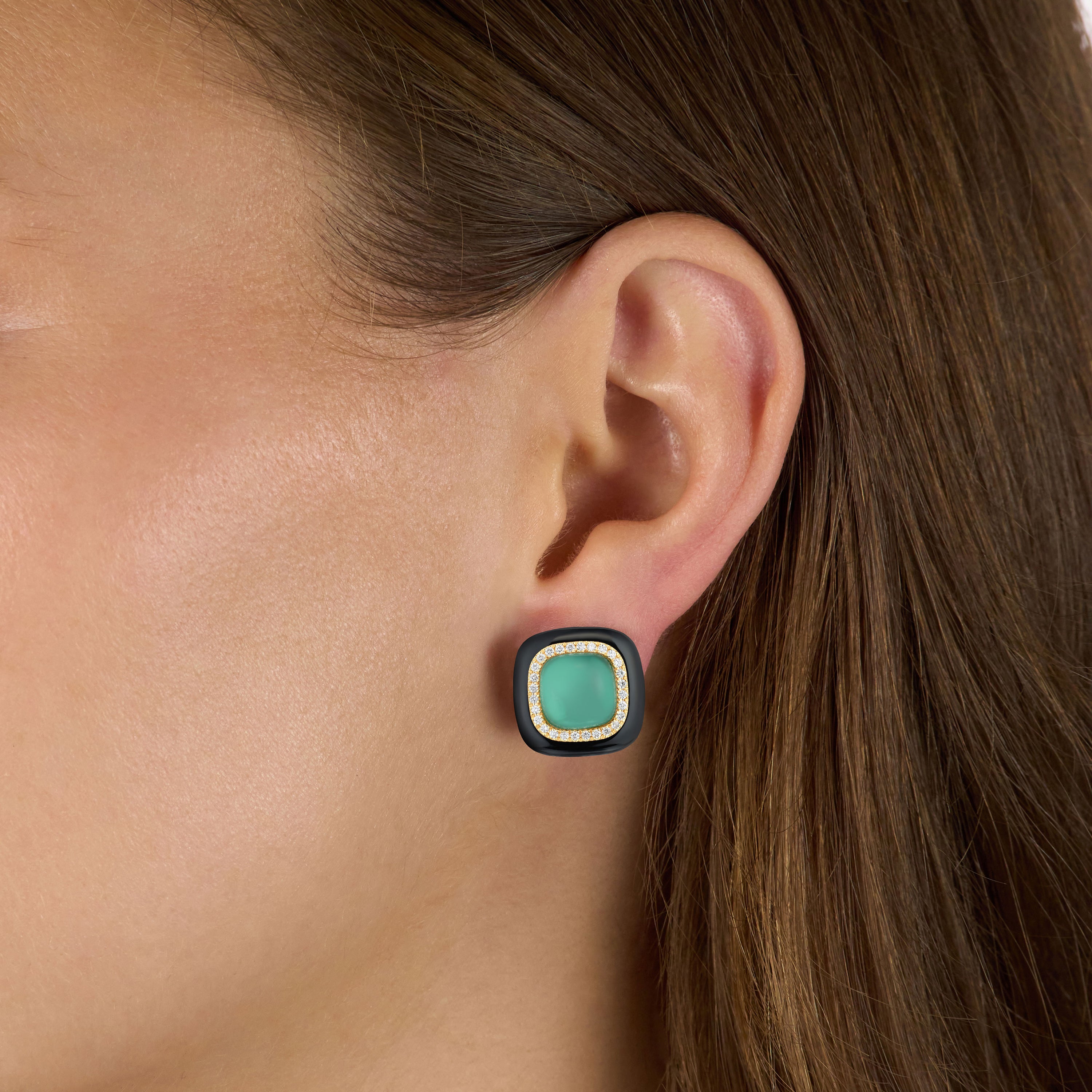 Green Agate, Enamel and Diamond Stud Earrings
