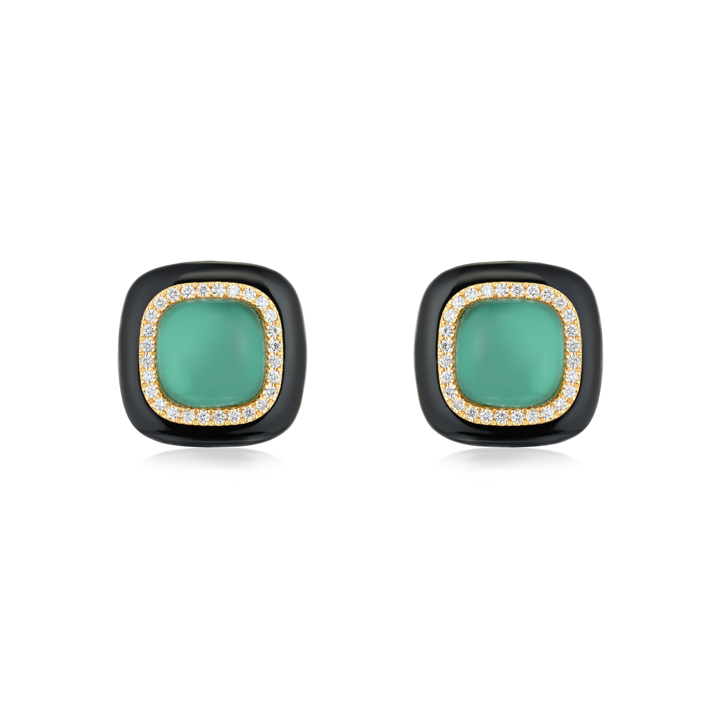 Green Agate, Enamel and Diamond Stud Earrings