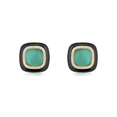 Green Agate, Enamel and Diamond Stud Earrings