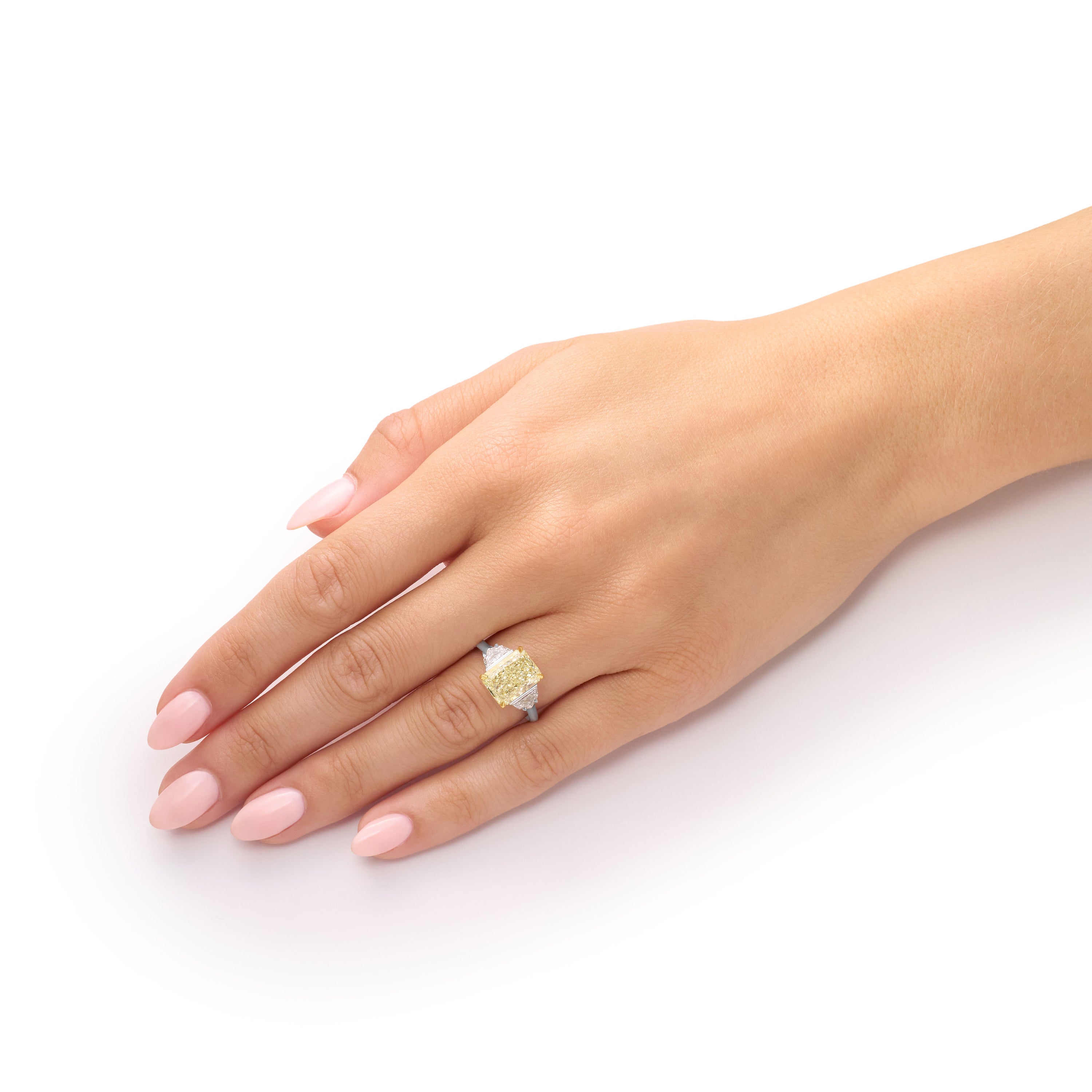 4.05cts Yellow Diamond and Shield Cut Diamond Three Stone Ring