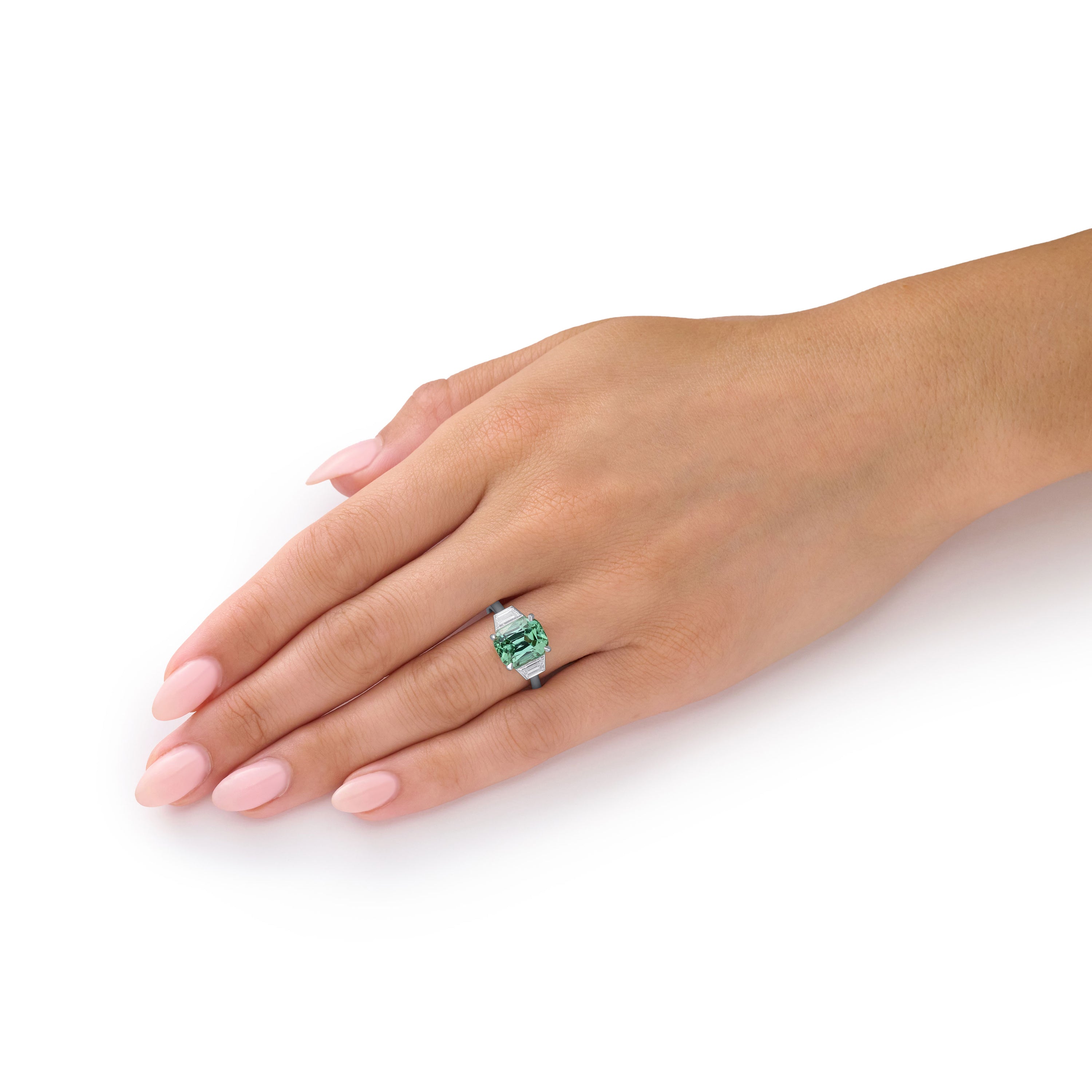 4.11cts Mint Tourmaline and Diamond Three Stone Ring