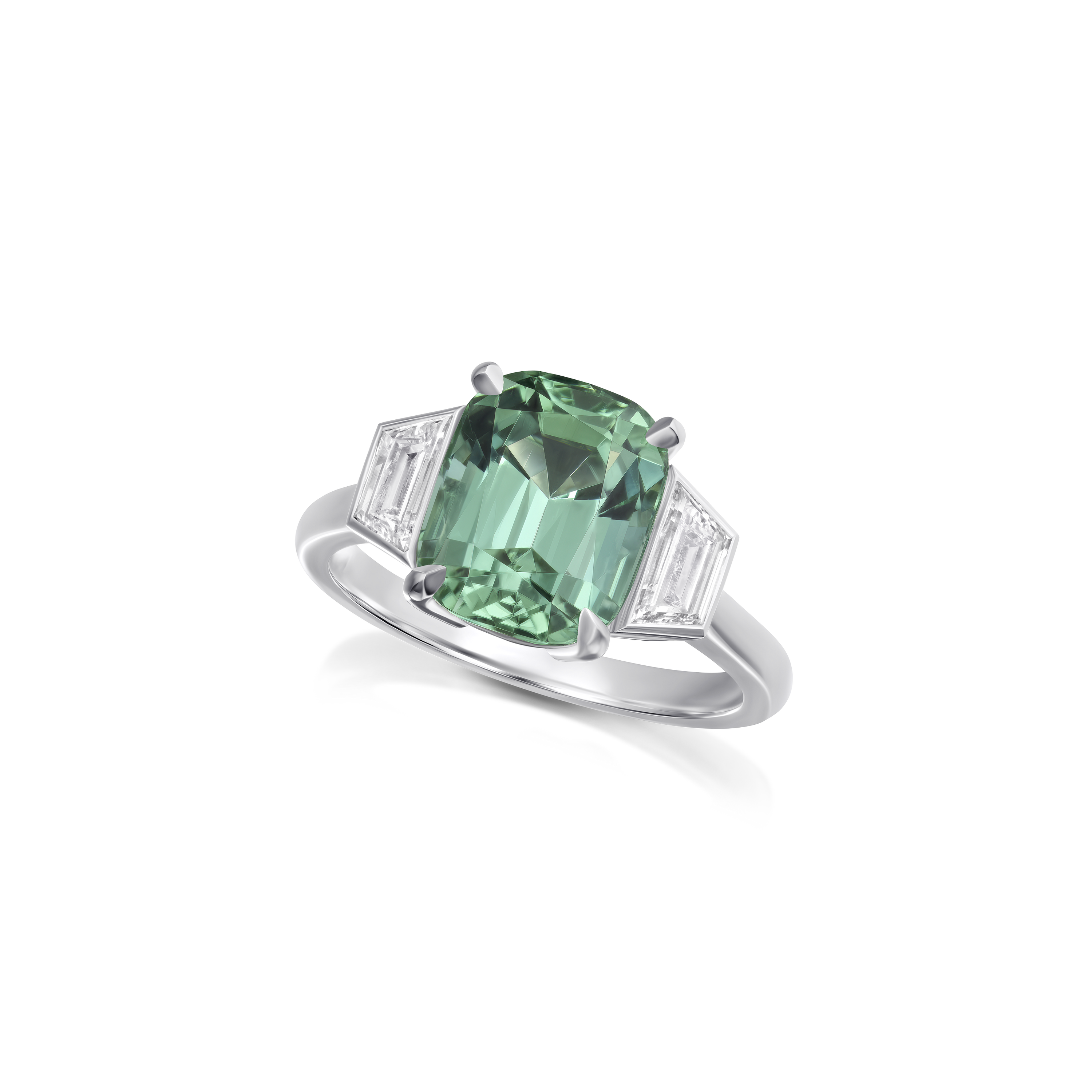 4.11cts Mint Tourmaline and Diamond Three Stone Ring