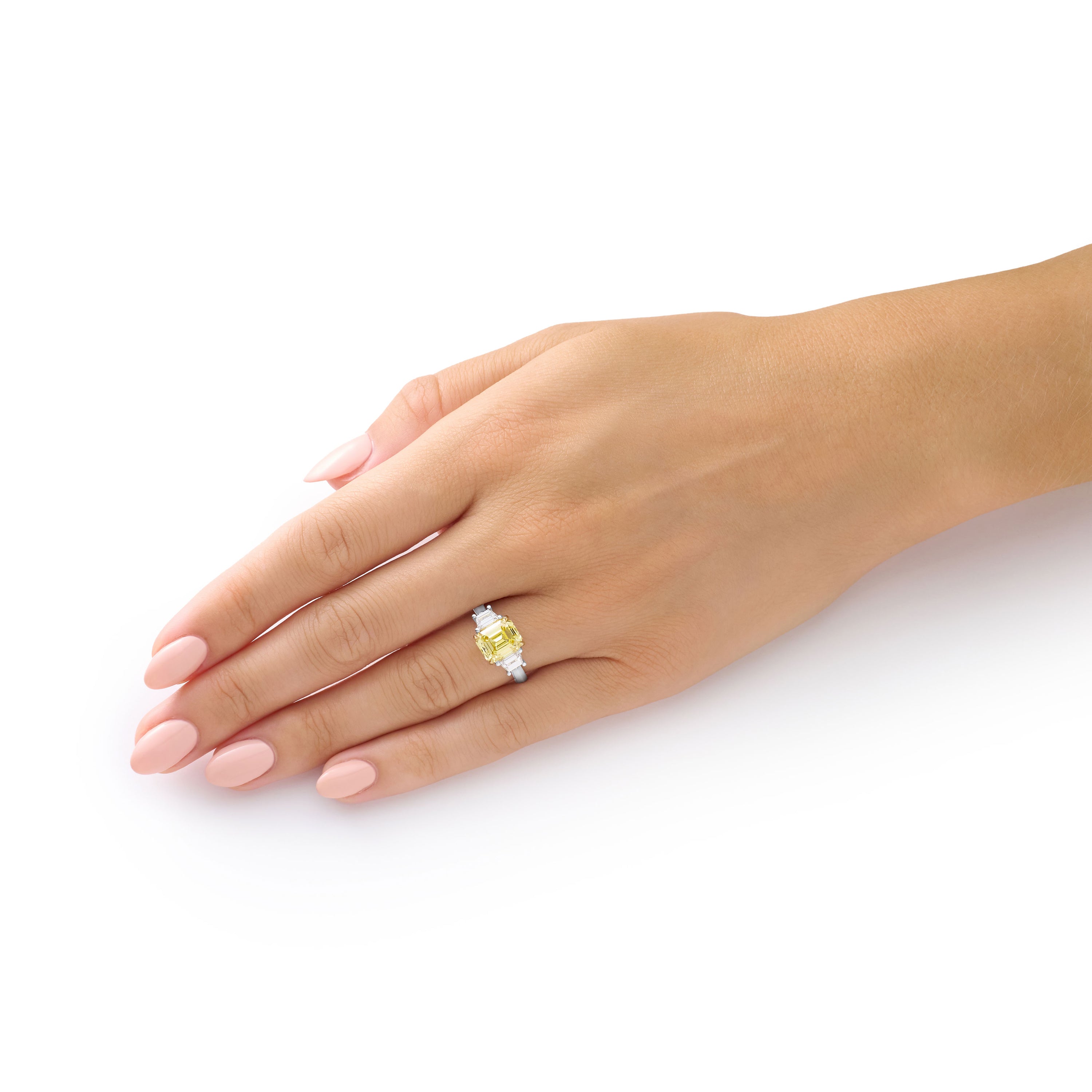 3.02cts Emerald Cut Fancy Vivid Yellow Diamond Three Stone Ring
