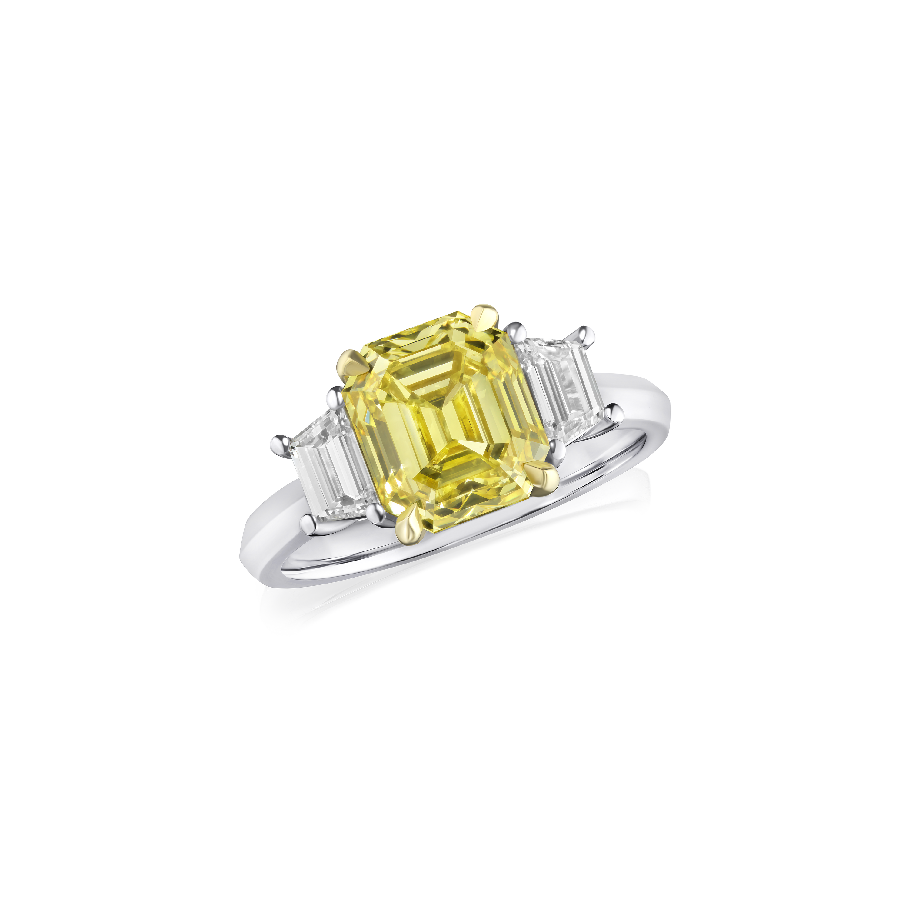 3.02cts Emerald Cut Fancy Vivid Yellow Diamond Three Stone Ring