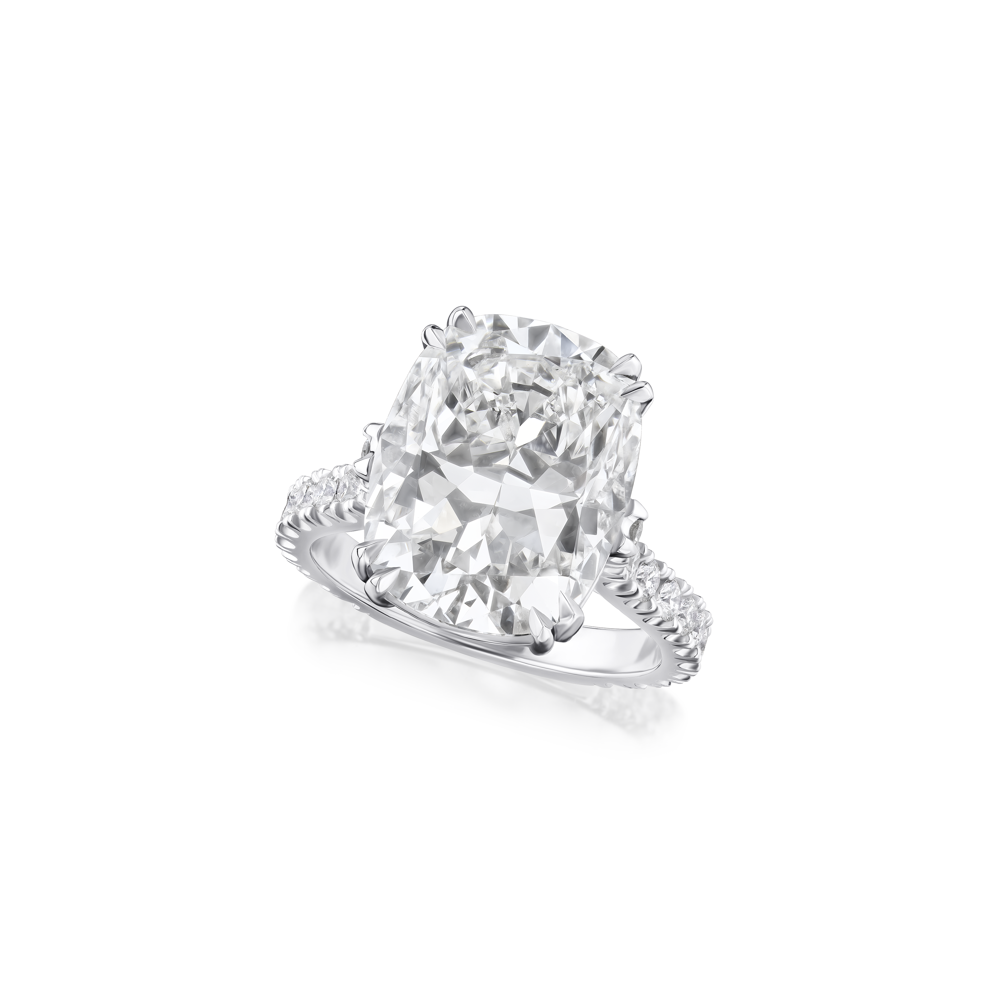 8.02ct Cushion Cut Diamond Ring With Diamond Set Shoulders and Bezels