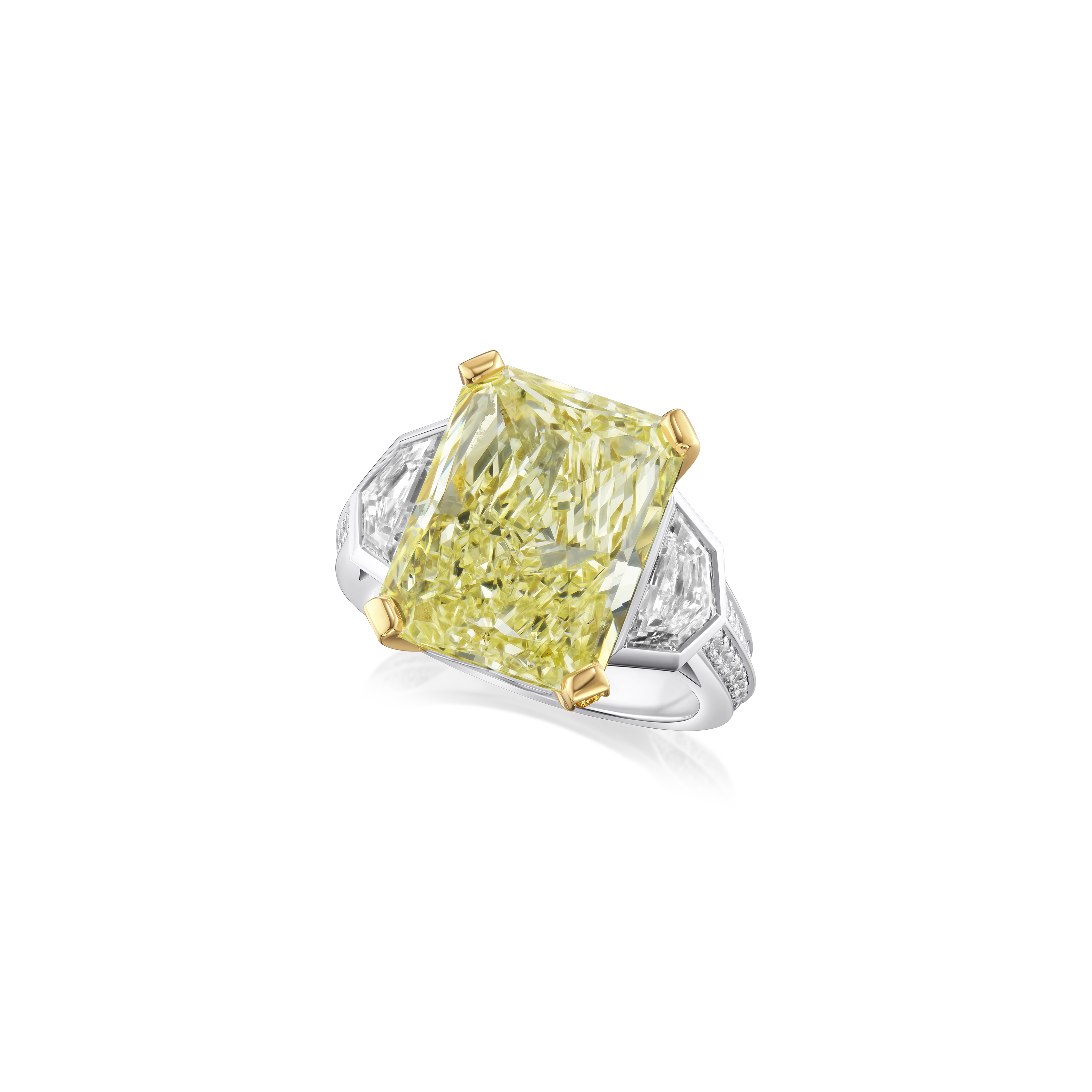 9.56cts Radiant Cut Yellow Diamond Three Stone Ring