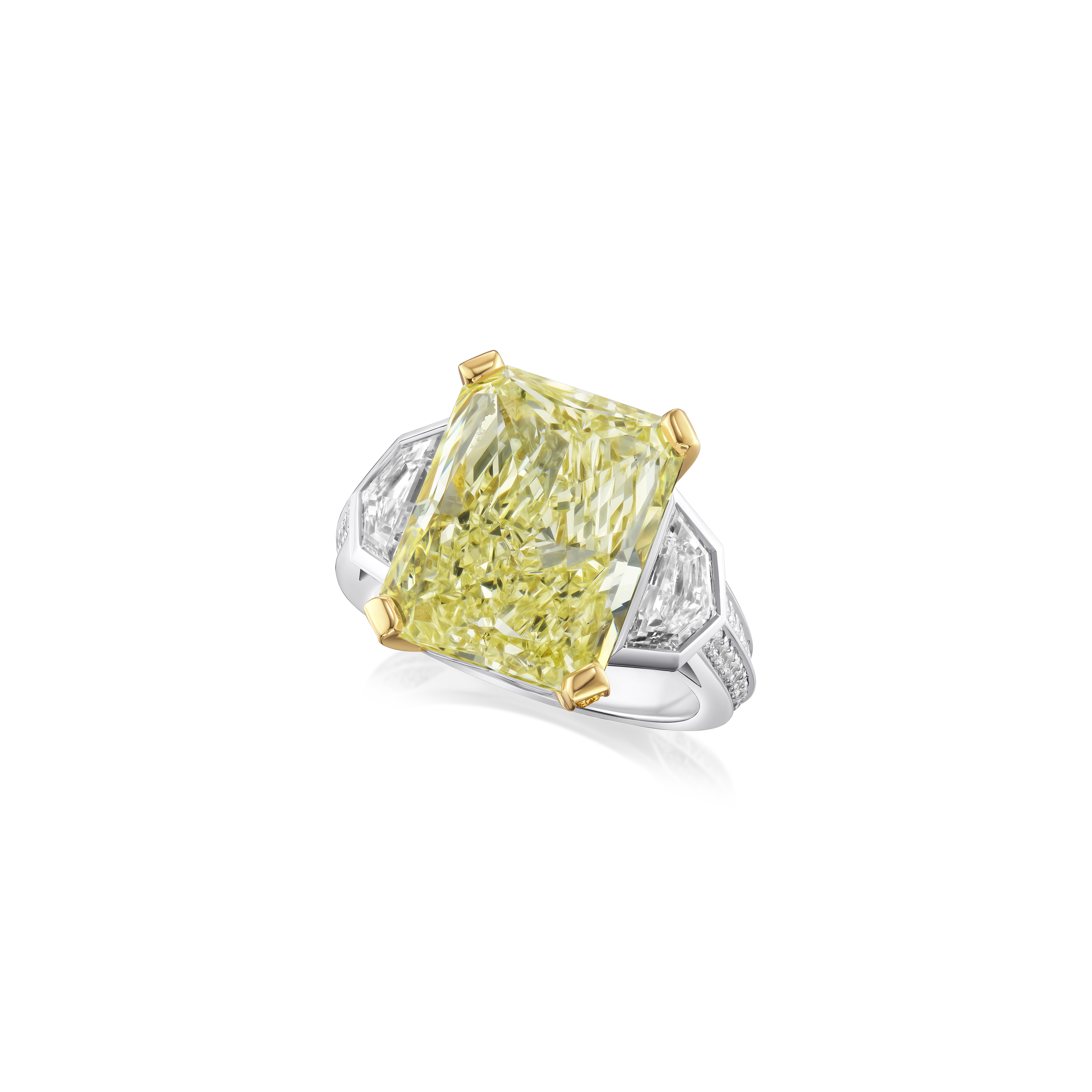 9.56cts Radiant Cut Yellow Diamond Three Stone Ring