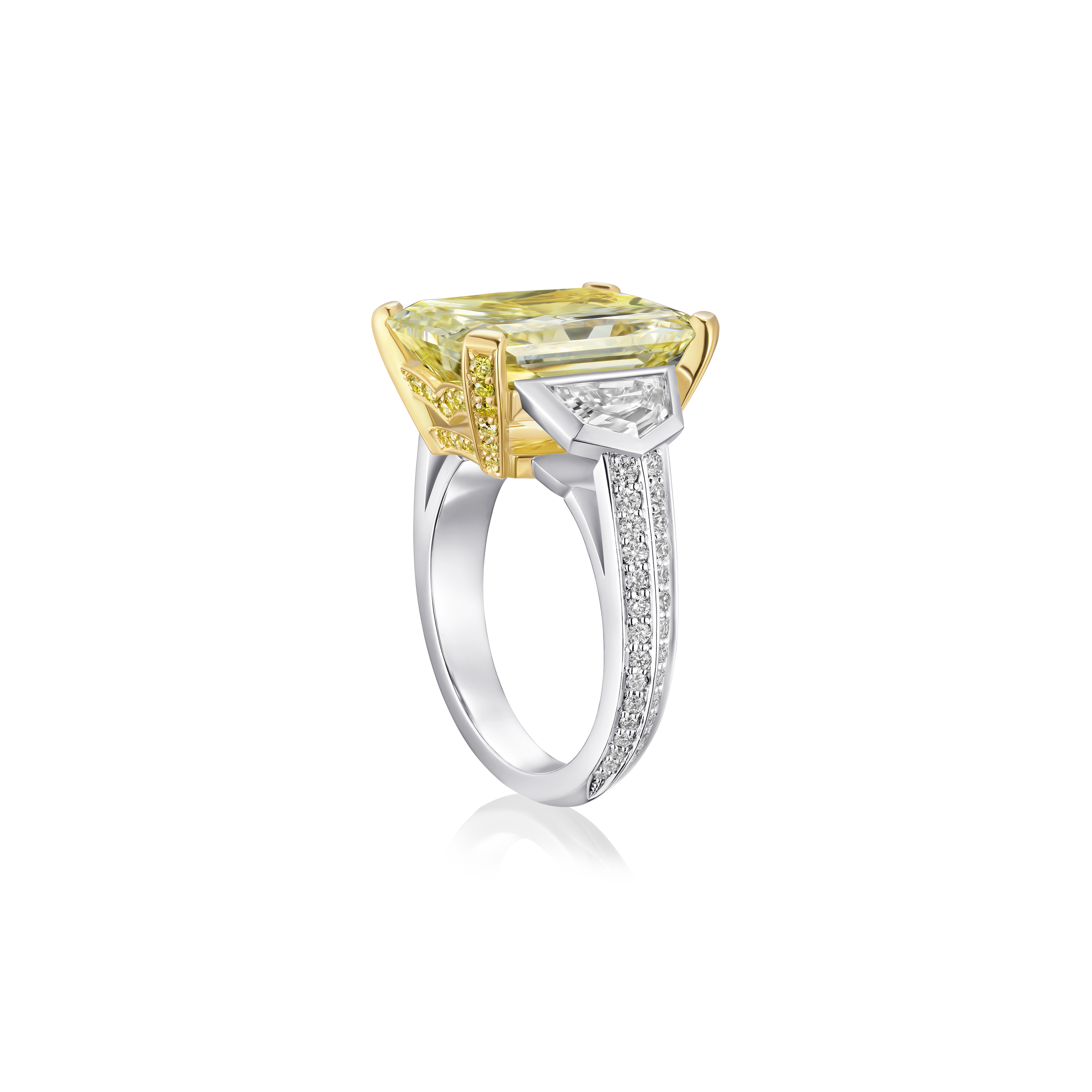 9.56cts Radiant Cut Yellow Diamond Three Stone Ring