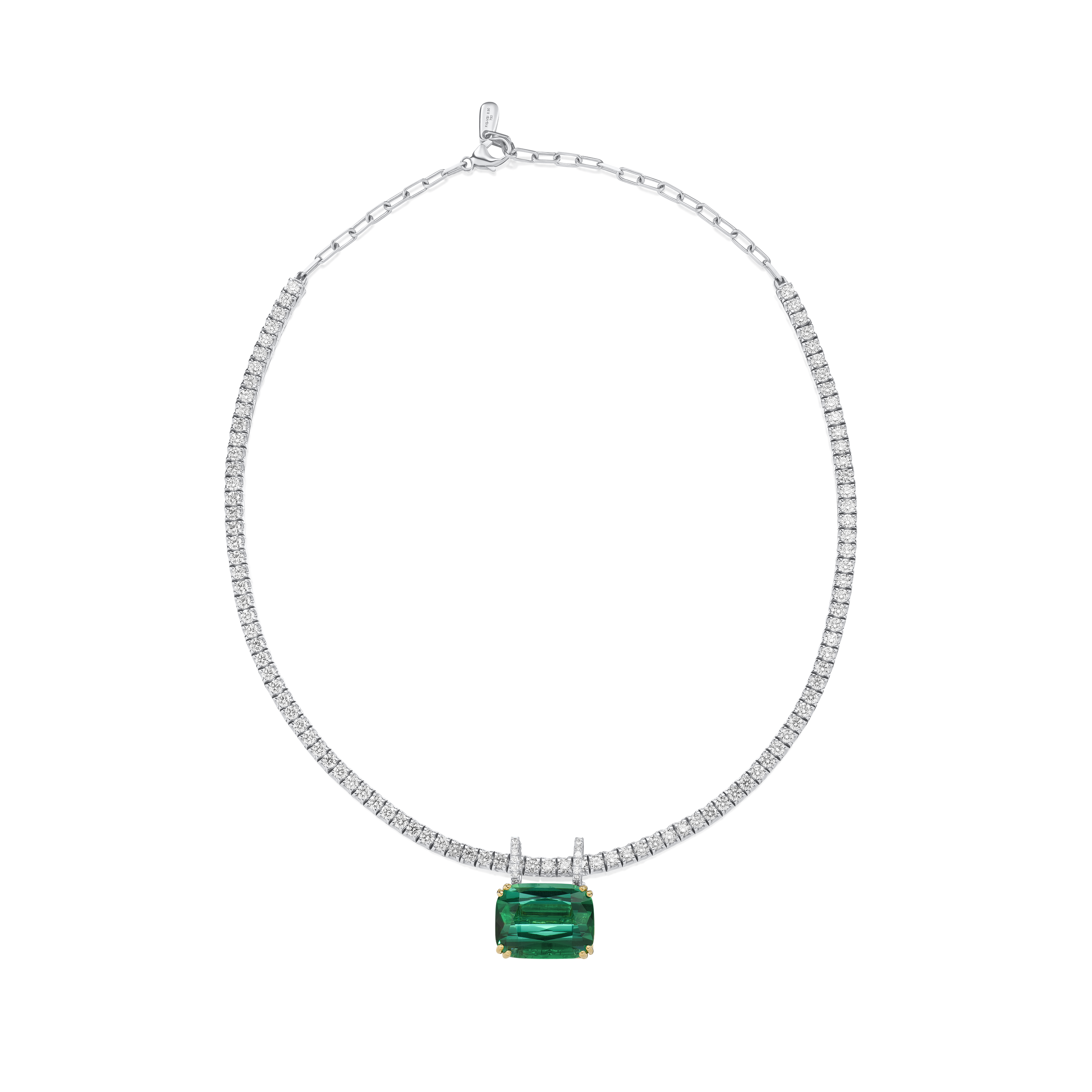 22.81cts Green Tourmaline Pendant Running On A Diamond Line Necklace