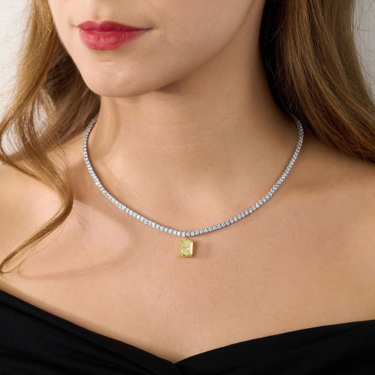 5.08ct Radiant Cut Yellow Diamond Pendant Running On A Diamond Line Necklace