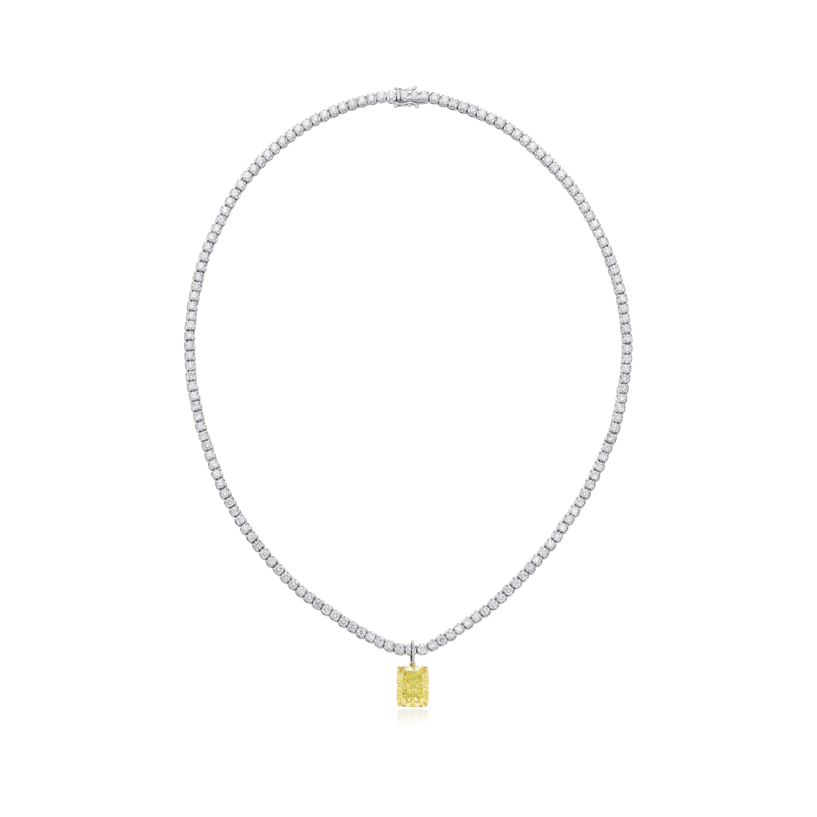 5.08ct Radiant Cut Yellow Diamond Pendant Running On A Diamond Line Necklace