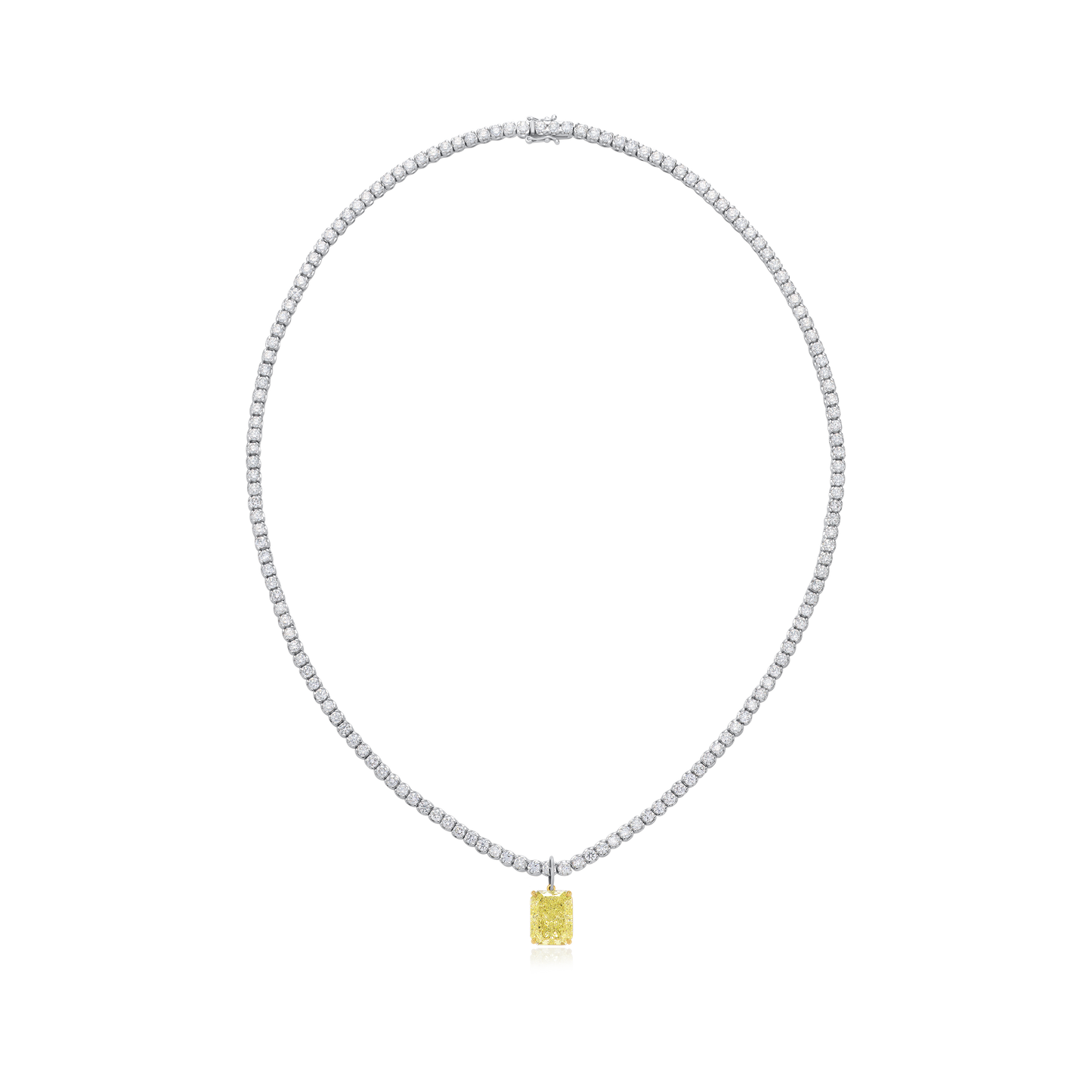 5.08ct Radiant Cut Yellow Diamond Pendant Running On A Diamond Line Necklace