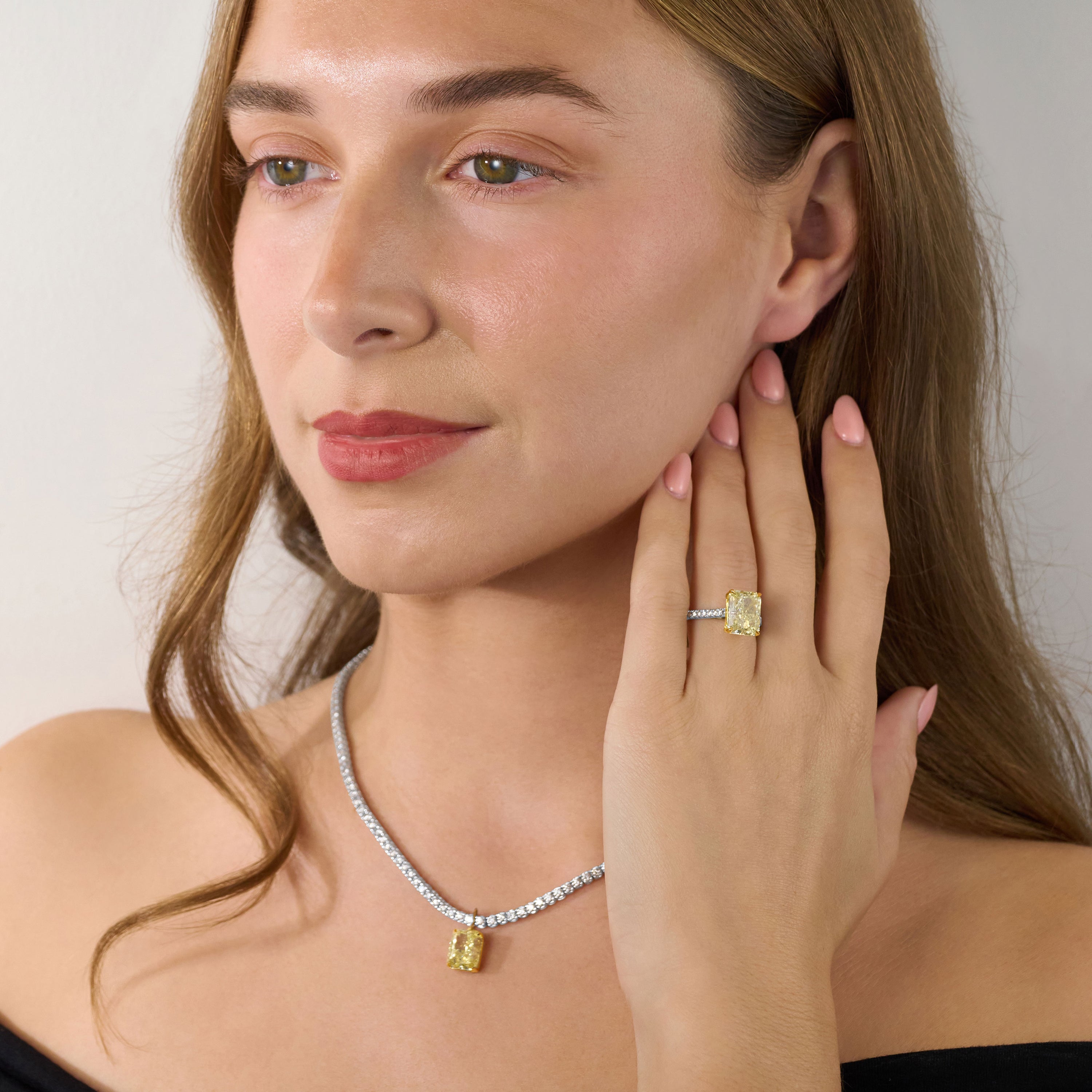 5.08ct Radiant Cut Yellow Diamond Pendant Running On A Diamond Line Necklace