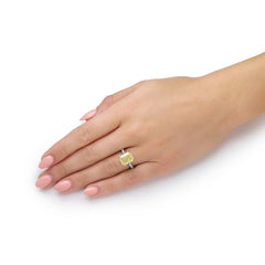 5.51ct Radiant Cut Yellow Diamond Ring With Diamond Set Shoulders and Bezels