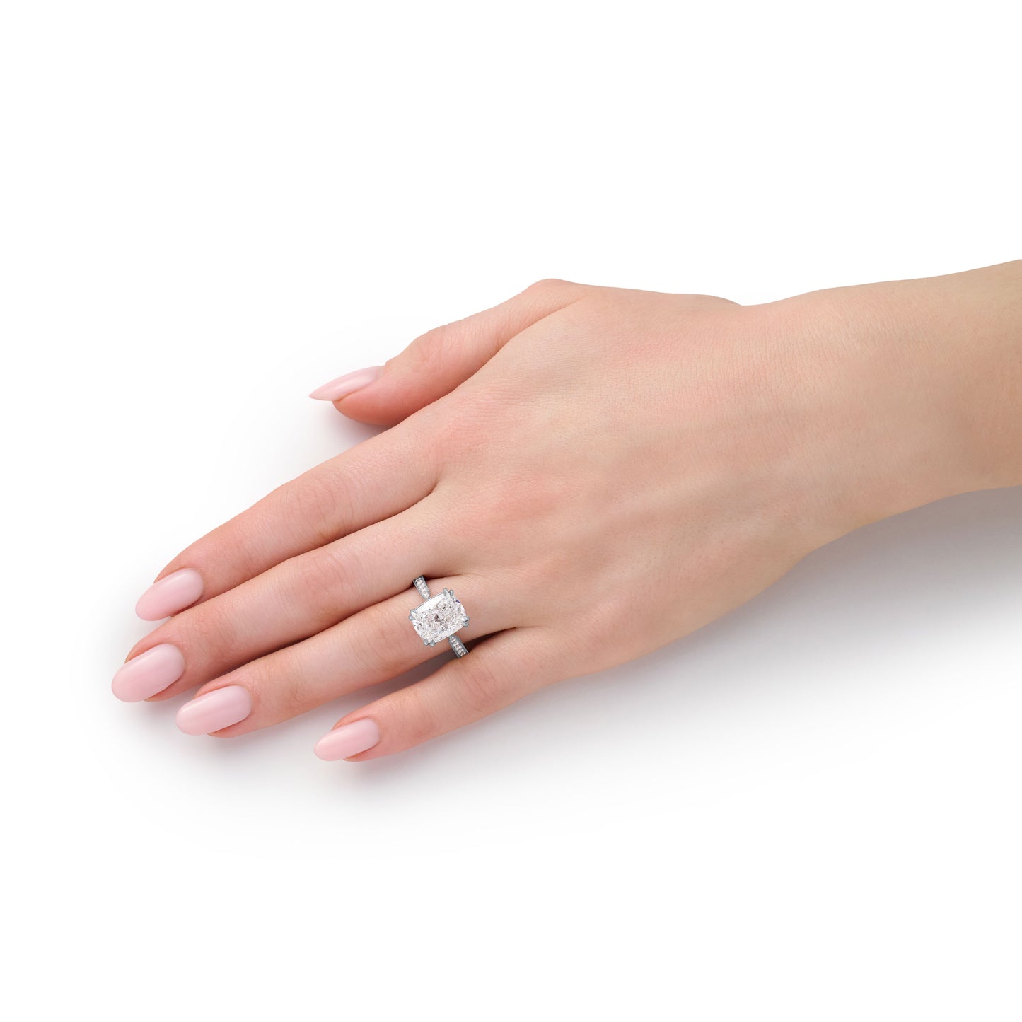 5.24ct Cushion Cut Diamond Ring With Diamond Set Shoulders and Bezels