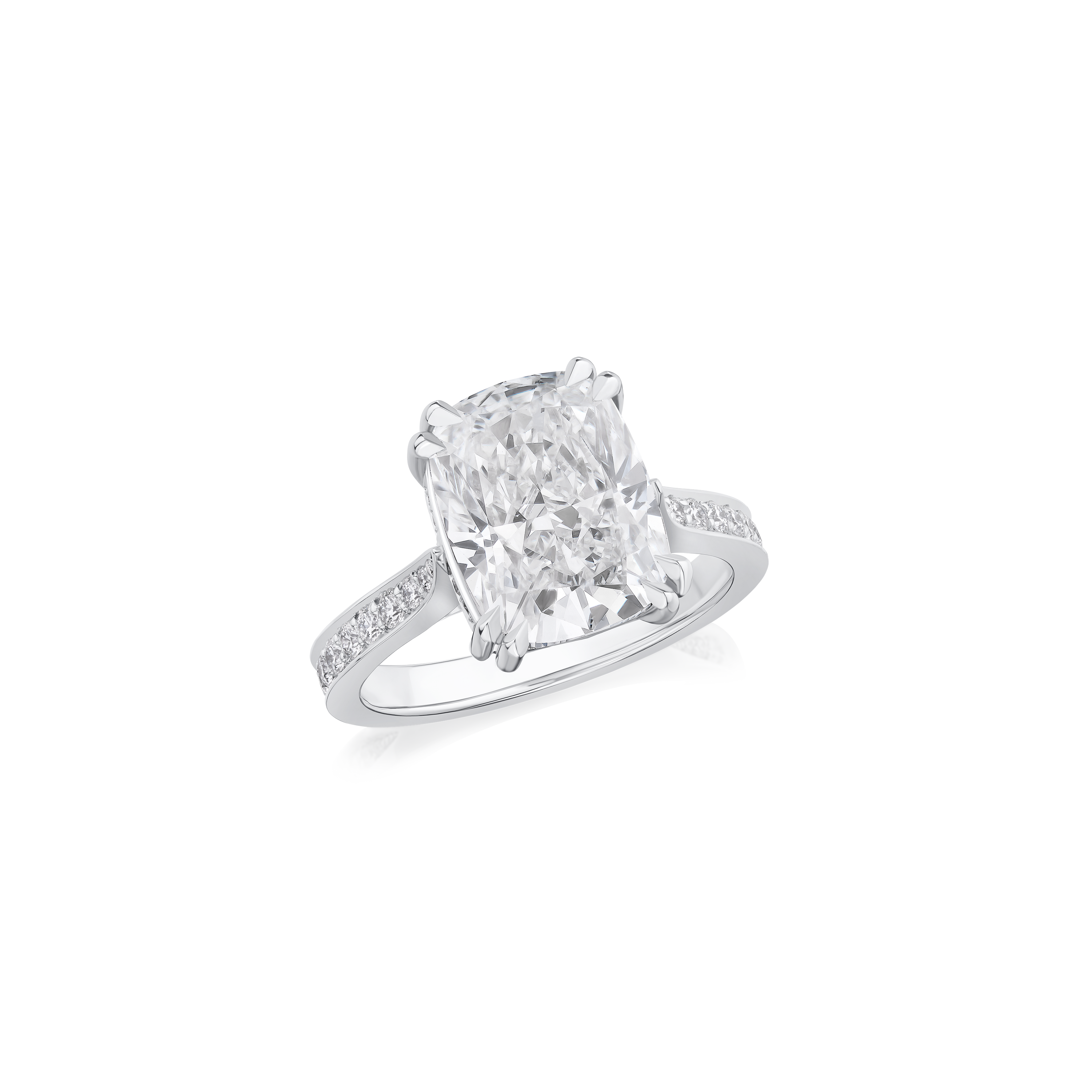 5.24ct Cushion Cut Diamond Ring With Diamond Set Shoulders and Bezels