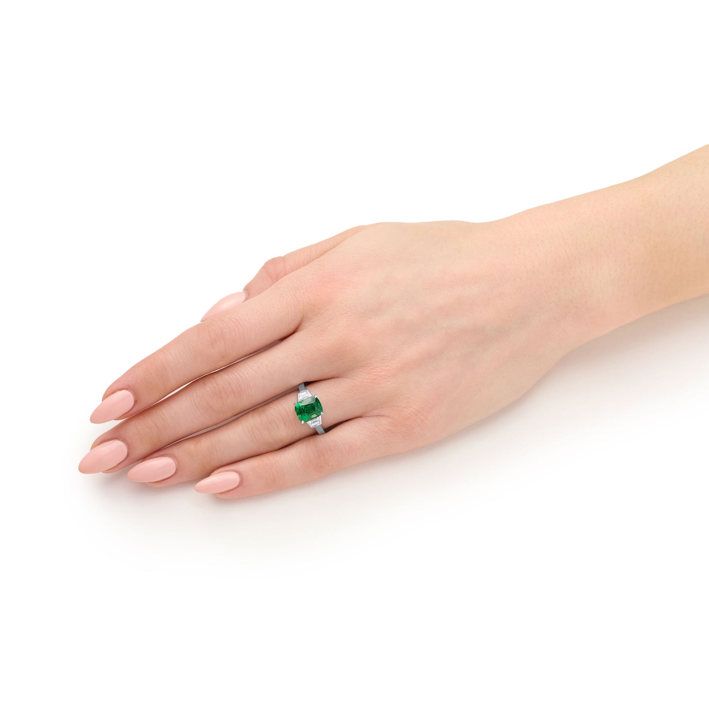 3.31ct Vivid Green Tsavorite and Diamond Three Stone Ring