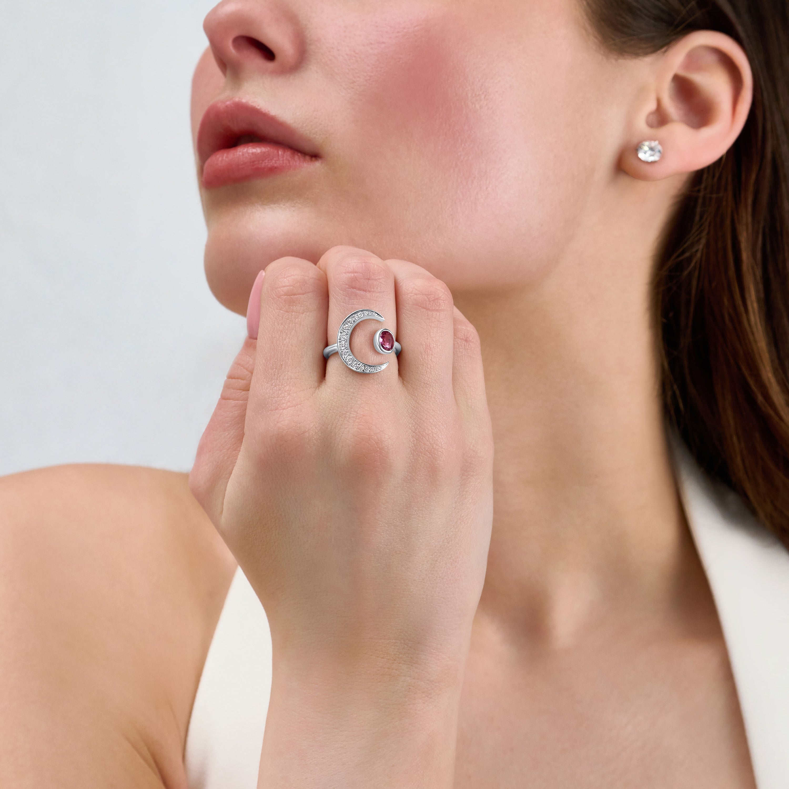 Diamond Set Moon and Padparadscha Sapphire Ring