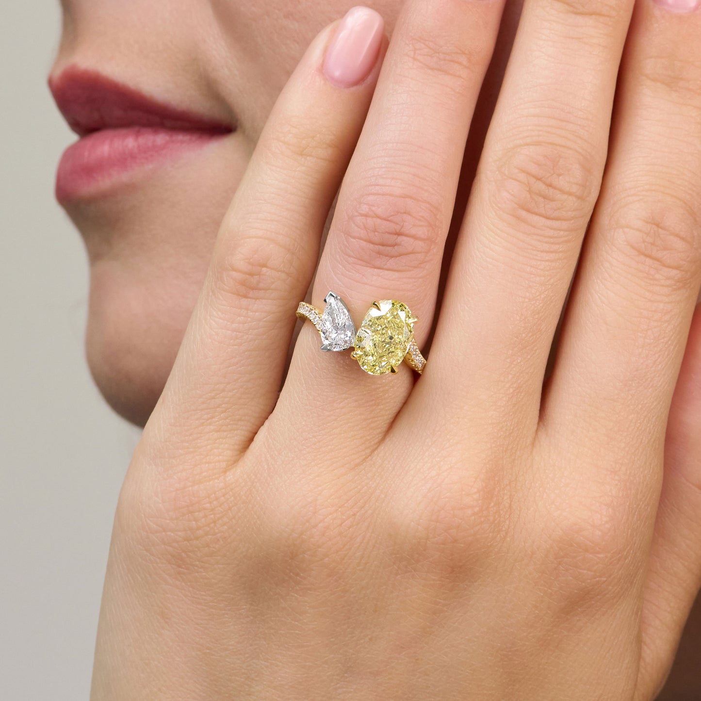 Yellow and White Diamond Two Stone Ring