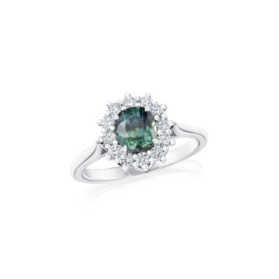 1.52cts Green-Blue Sapphire and Diamond Ravello Cluster Ring