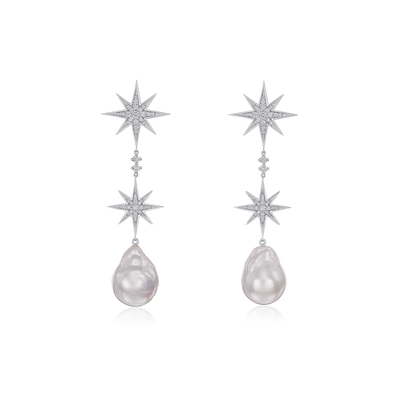Sienna Pearl and Diamond Double 18ct White Gold Star Drop Earrings
