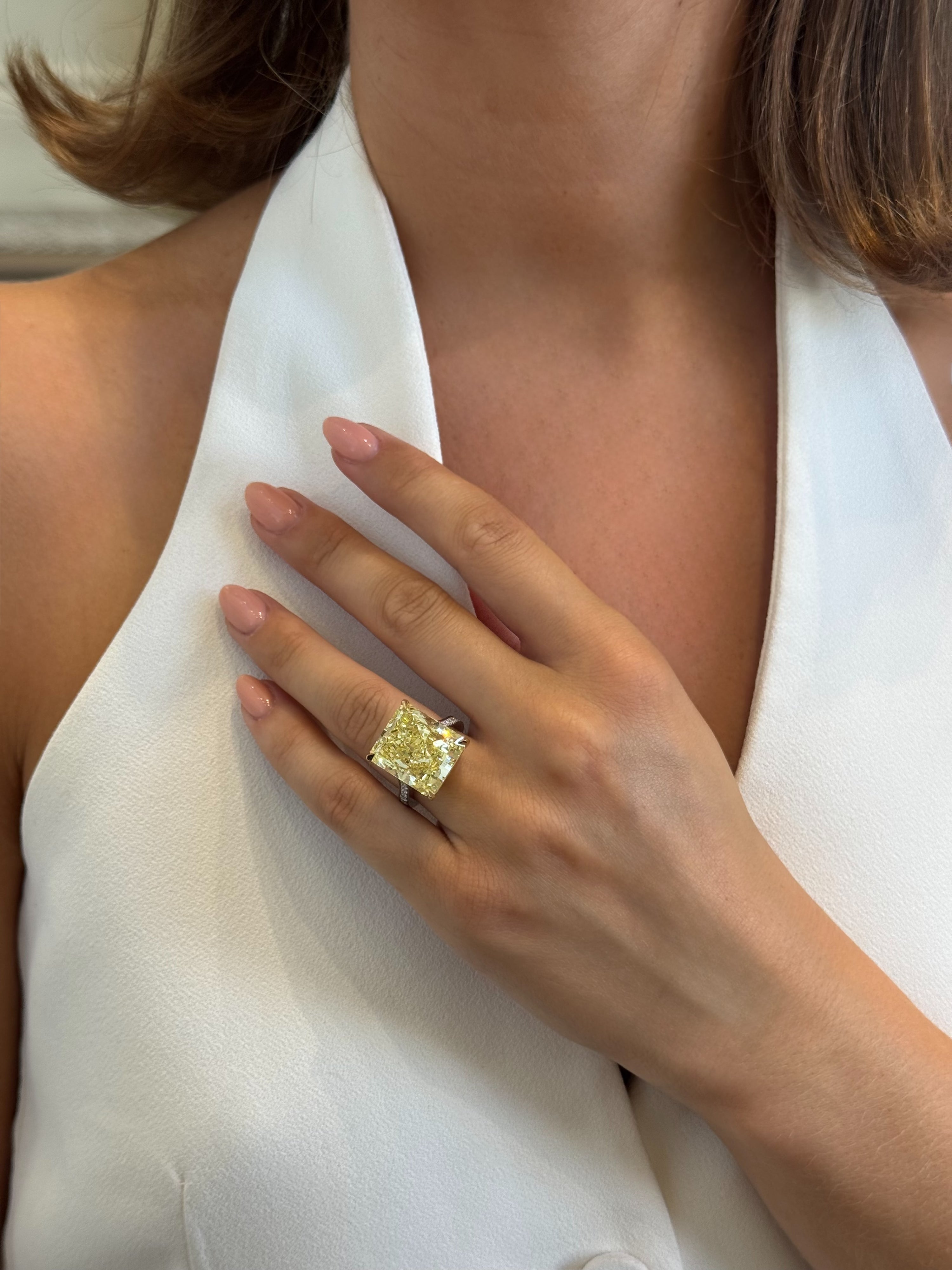 20.52ct Radiant Cut Yellow Diamond Ring With Diamond Set Shoulders