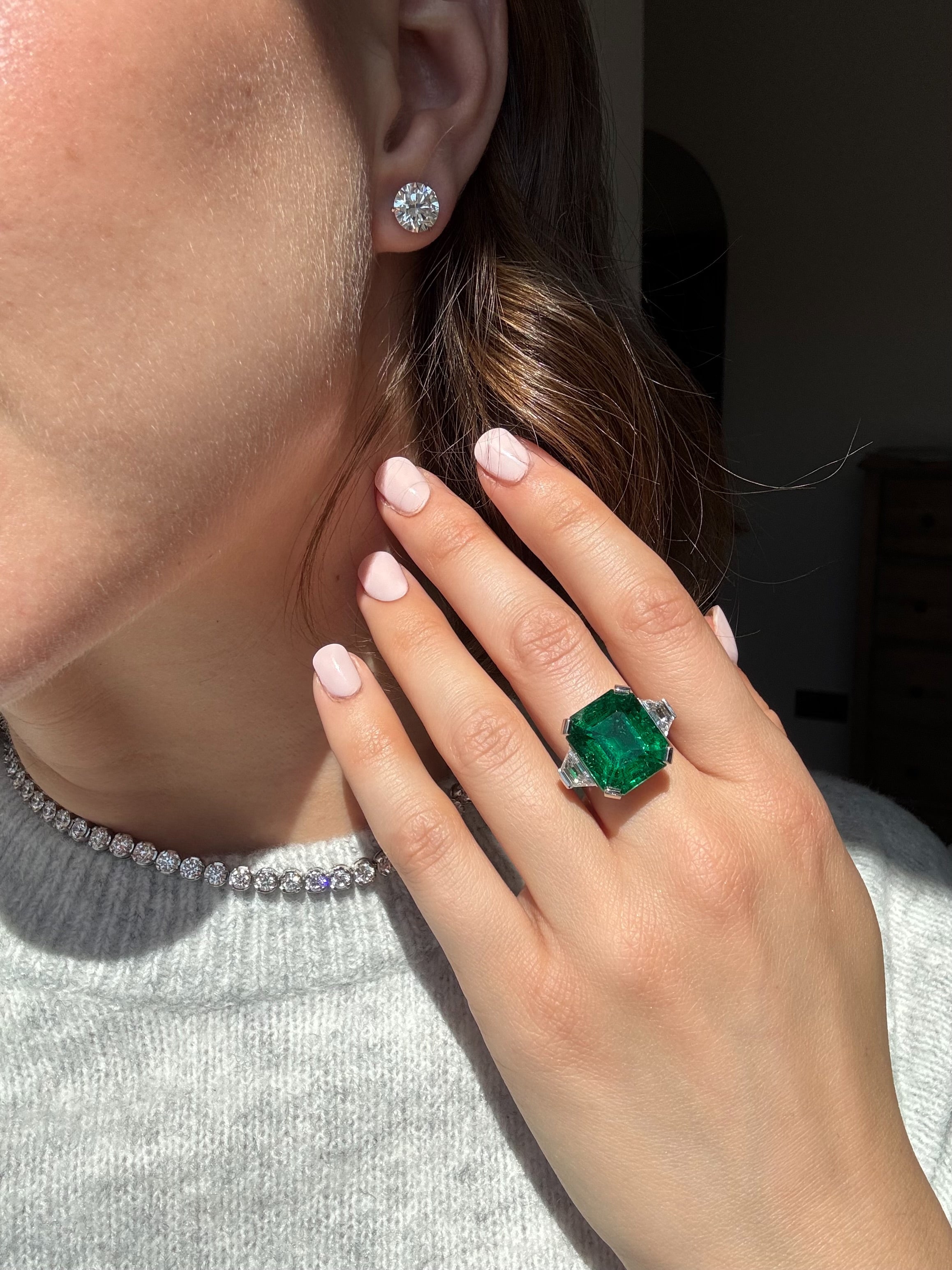 13.82ct Emerald and Diamond Three Stone Ring