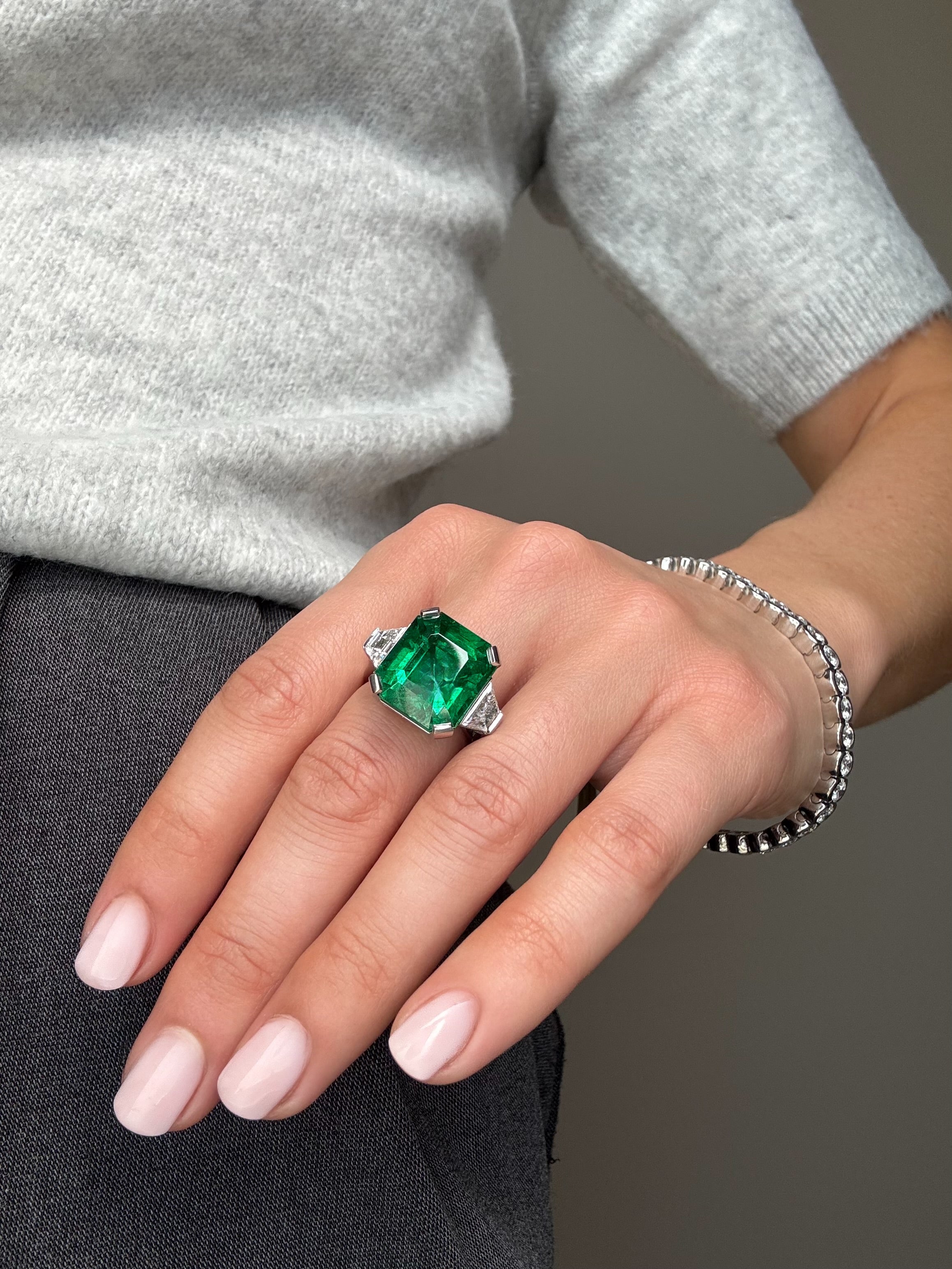 13.82ct Emerald and Diamond Three Stone Ring