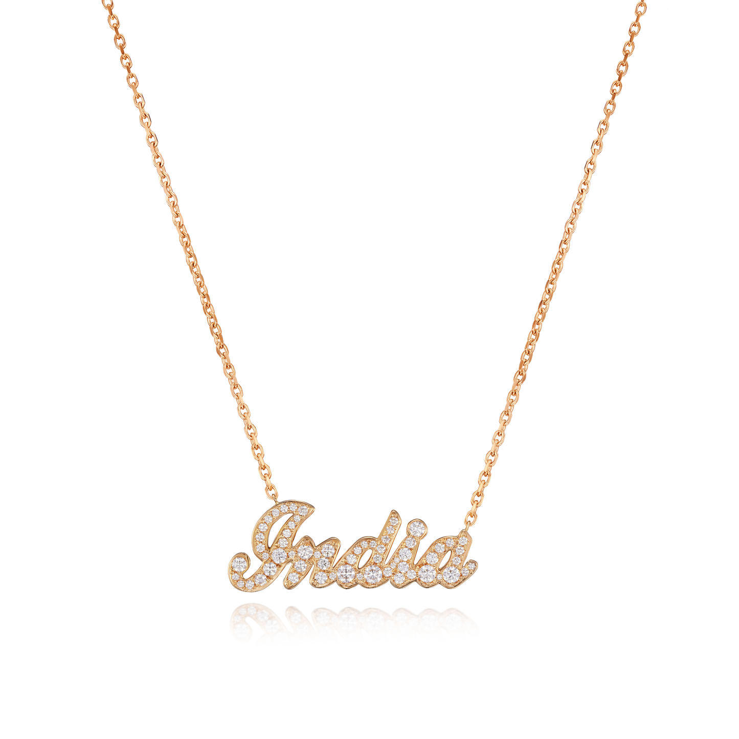 'India' Diamond Set Rose Gold Name Pendant