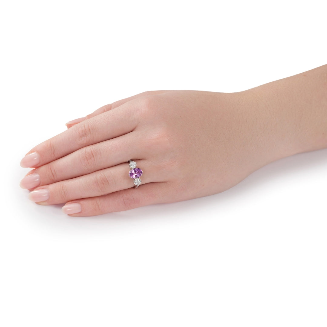 Pink Sapphire and Diamond Three Stone Ring