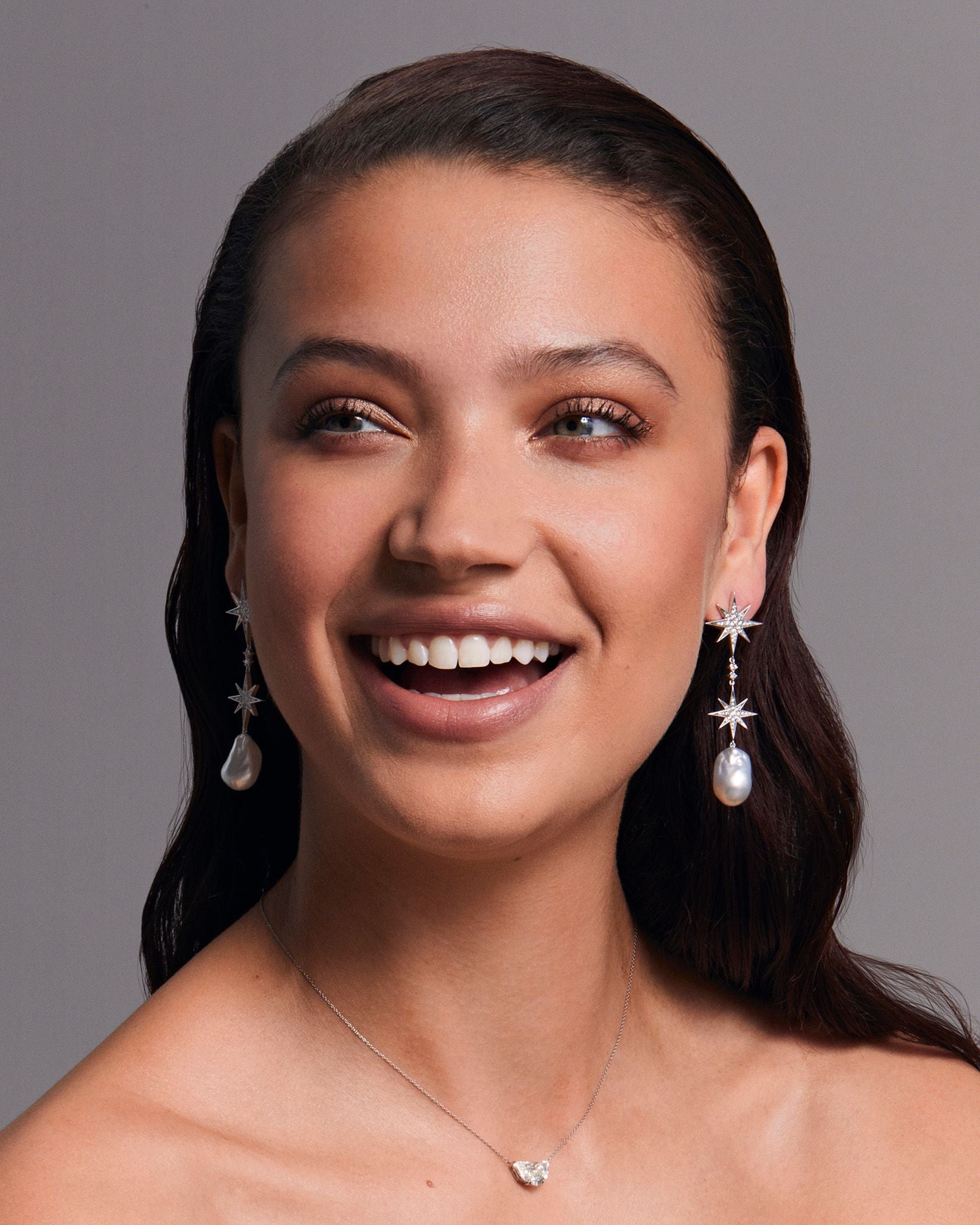 Sienna Pearl and Diamond Double 18ct White Gold Star Drop Earrings