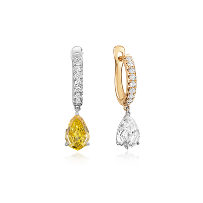 Yellow and White Diamond Drop Hoop Earrings