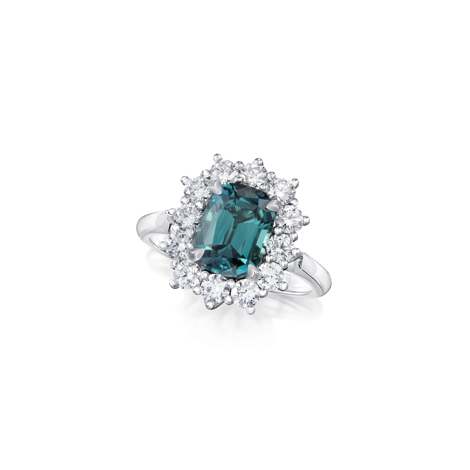 2.18cts Cushion-Shape Indicolite Tourmaline and Diamond Ravello Cluster Ring