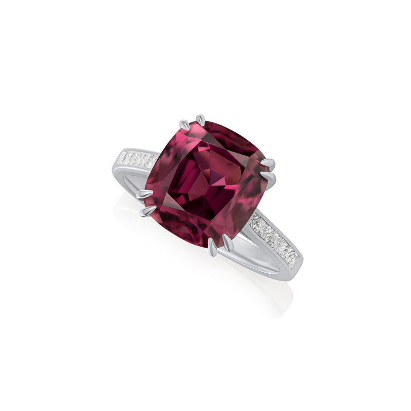 6.79cts Pink Tourmaline Cushion-Cut and Diamond Ring