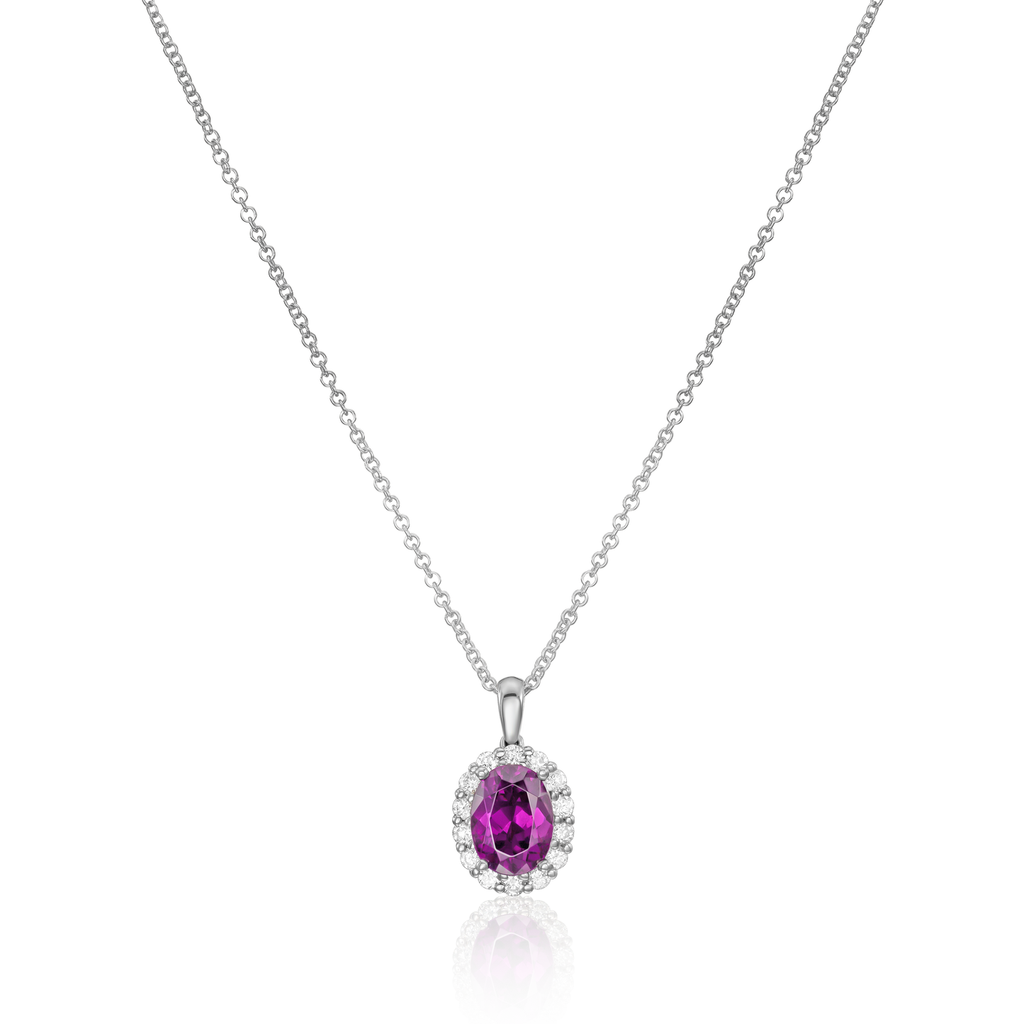18ct White Gold Oval Royal Garnet and Diamond Surround Pendant