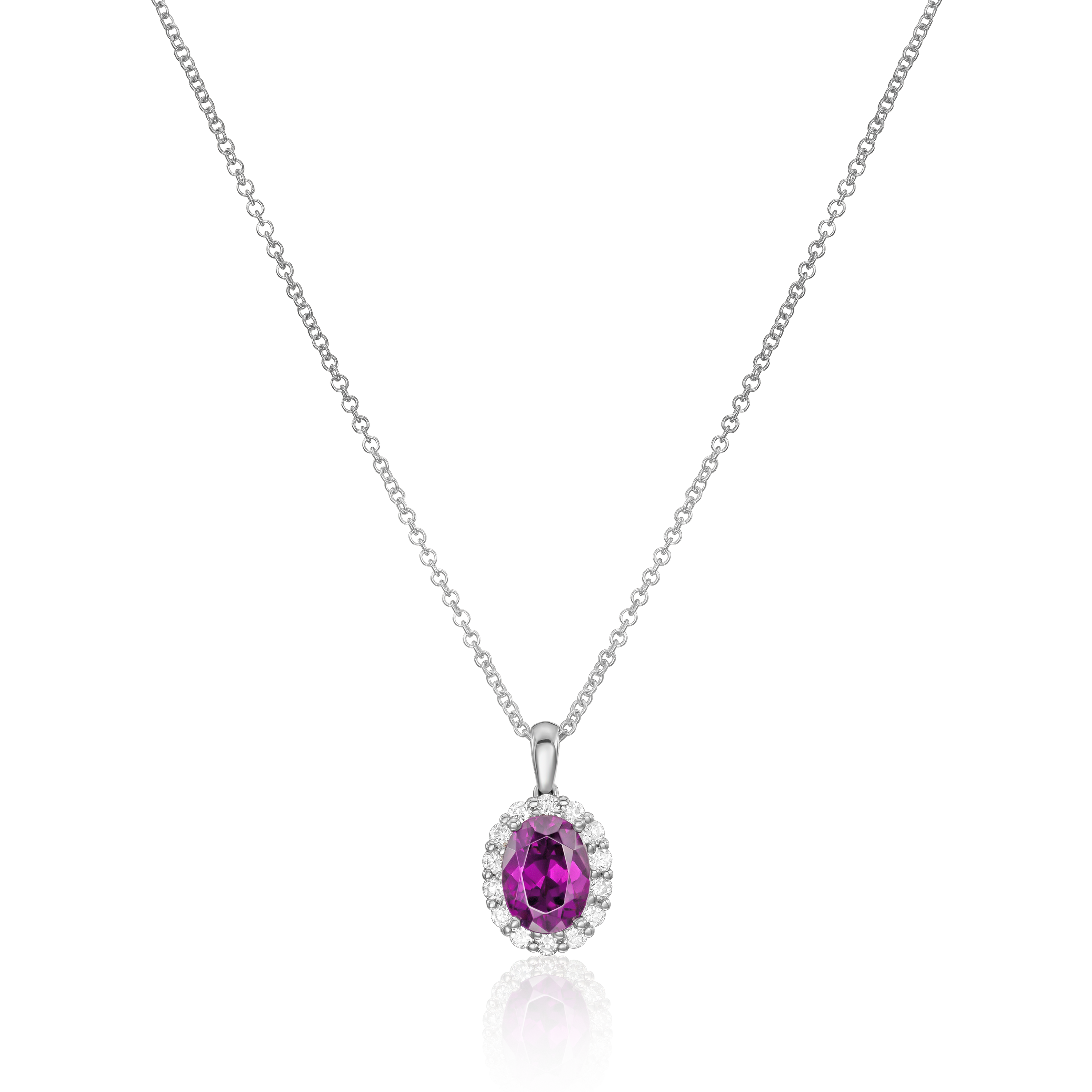 18ct White Gold Oval Royal Garnet and Diamond Surround Pendant