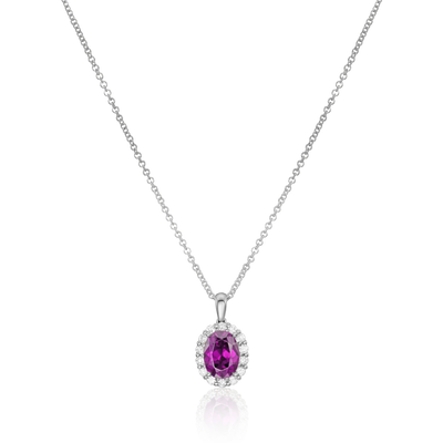 18ct White Gold Oval Royal Garnet and Diamond Surround Pendant