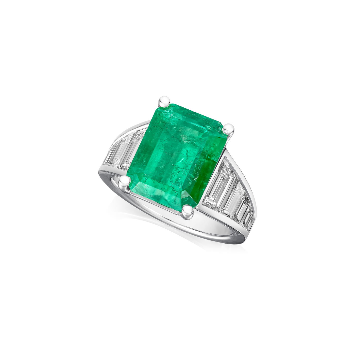 Natural Colombian Emerald and Trapeze Diamond Ring