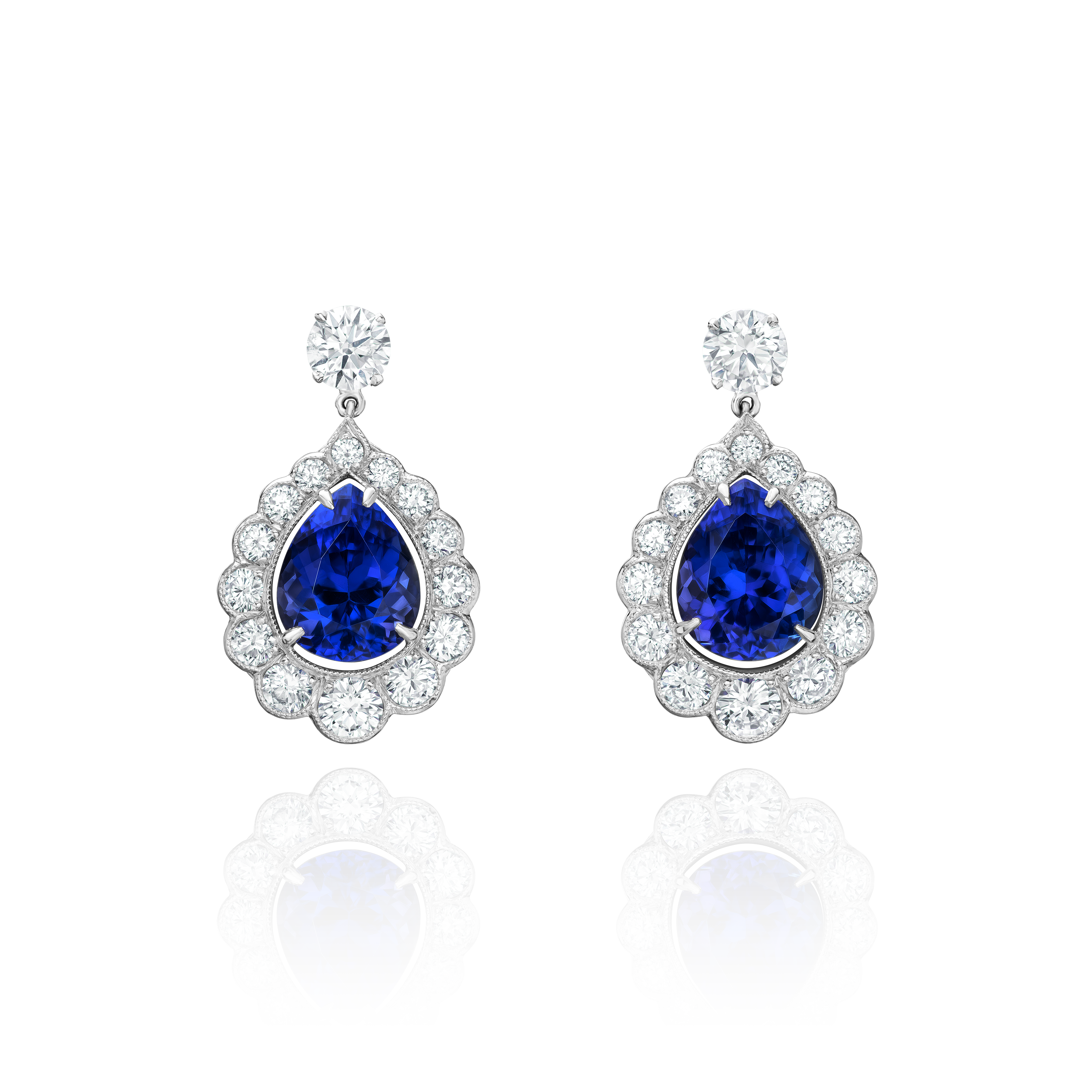 18ct White Gold Tanzanite and Diamond Drop Earrings G Collins Sons