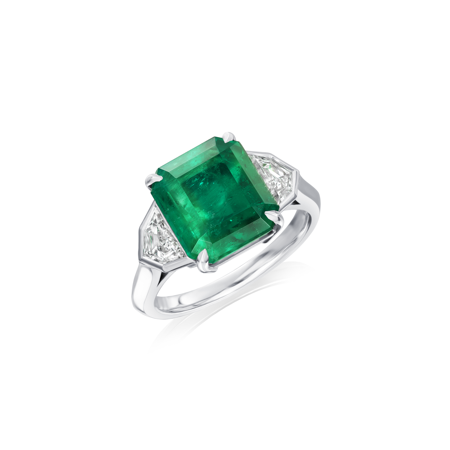 Octagon Emerald and Shield-Cut Diamond Three Stone Ring