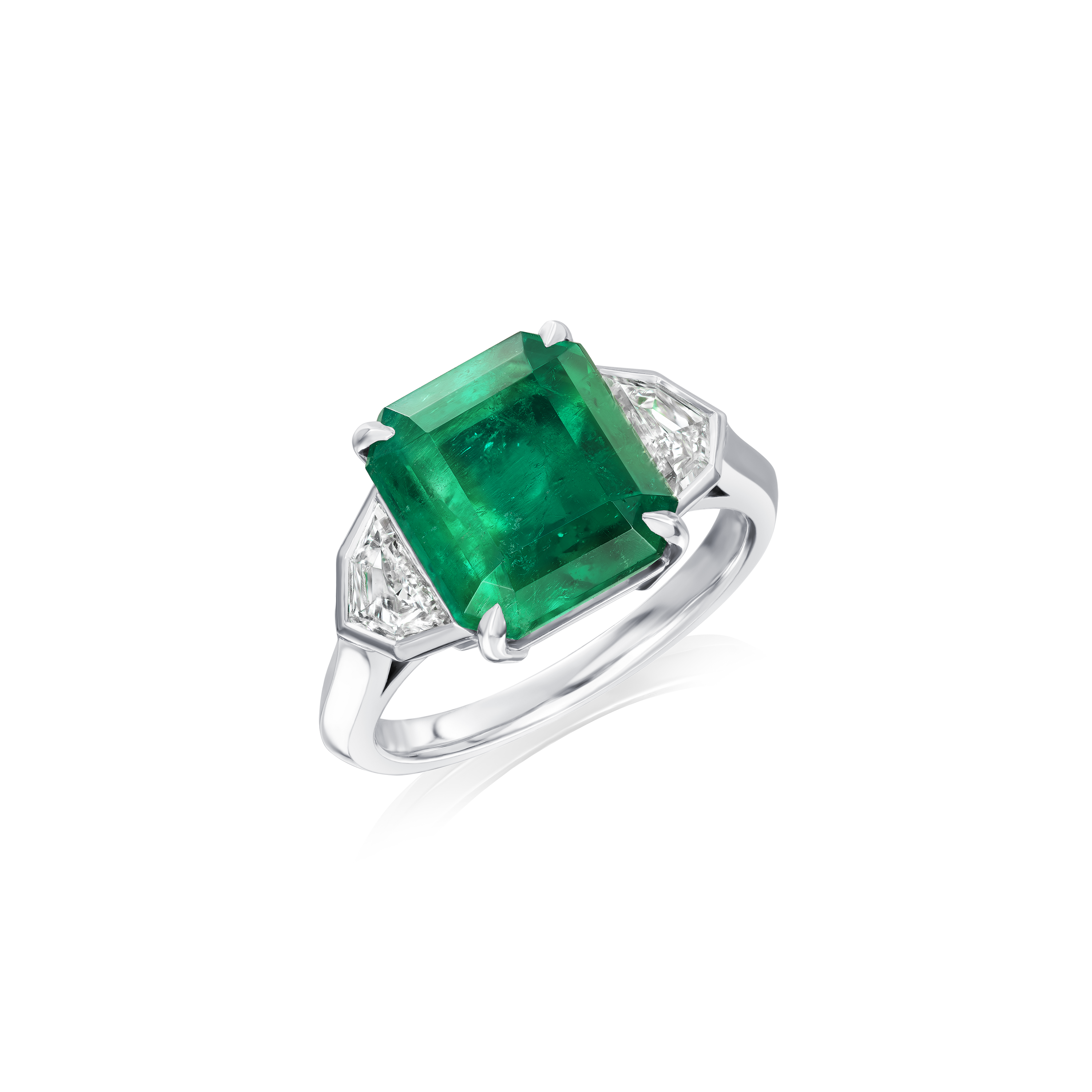 Octagon Emerald and Shield-Cut Diamond Three Stone Ring