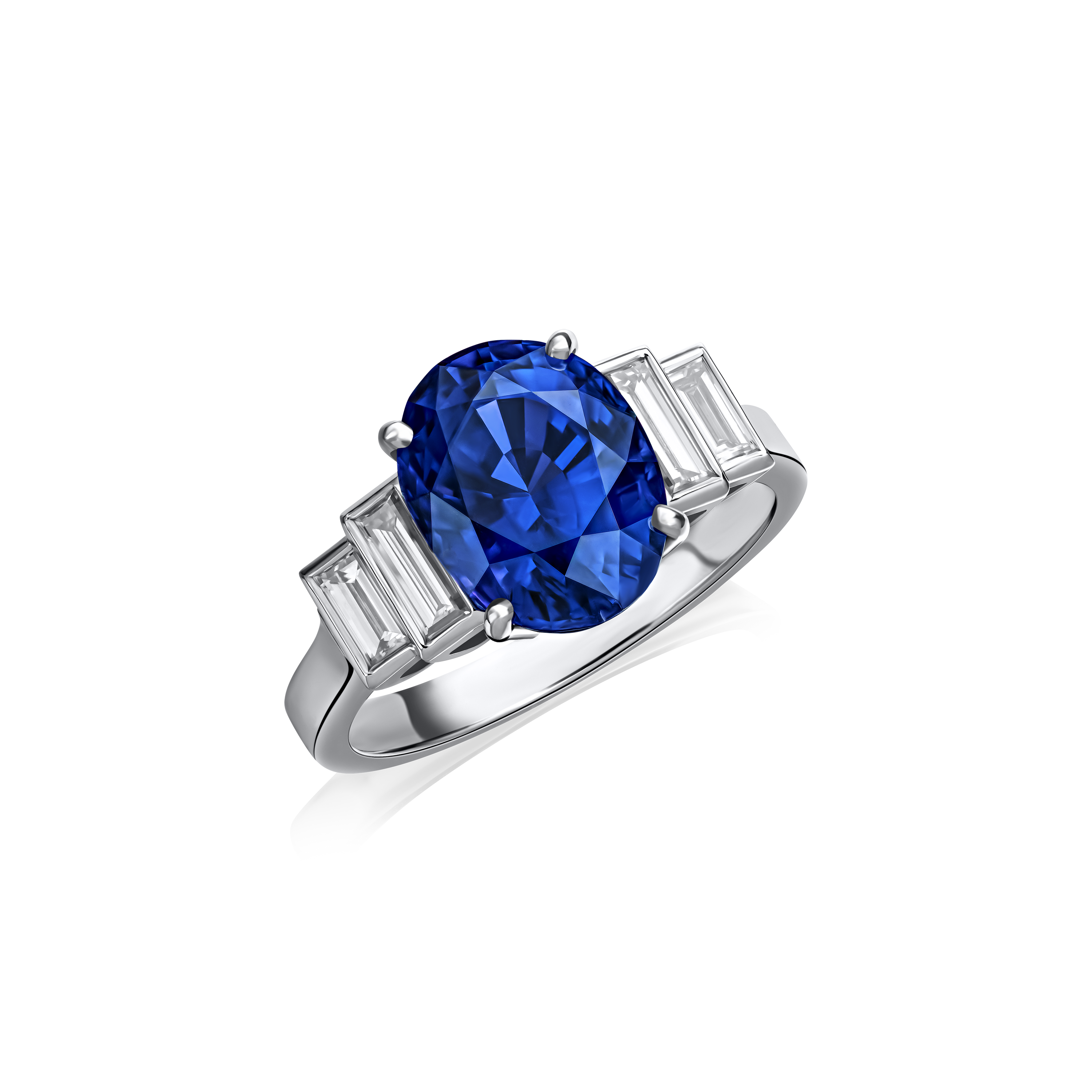 Natural Blue Sapphire and Baguette Diamond Ring