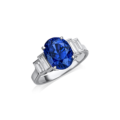 Natural Blue Sapphire and Baguette Diamond Ring