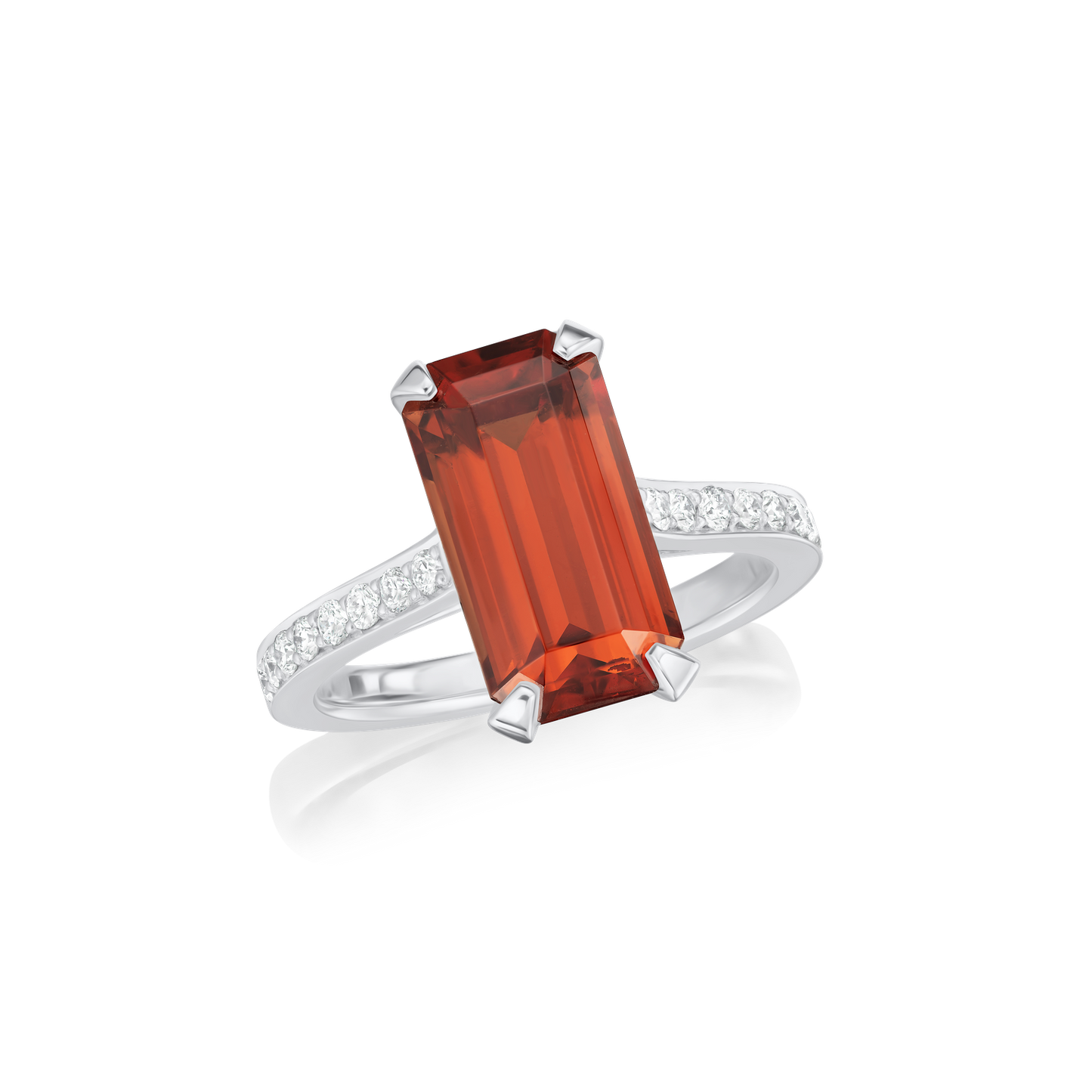 Emerald-Cut Garnet Platinum Ring with Diamond-Set Shoulders